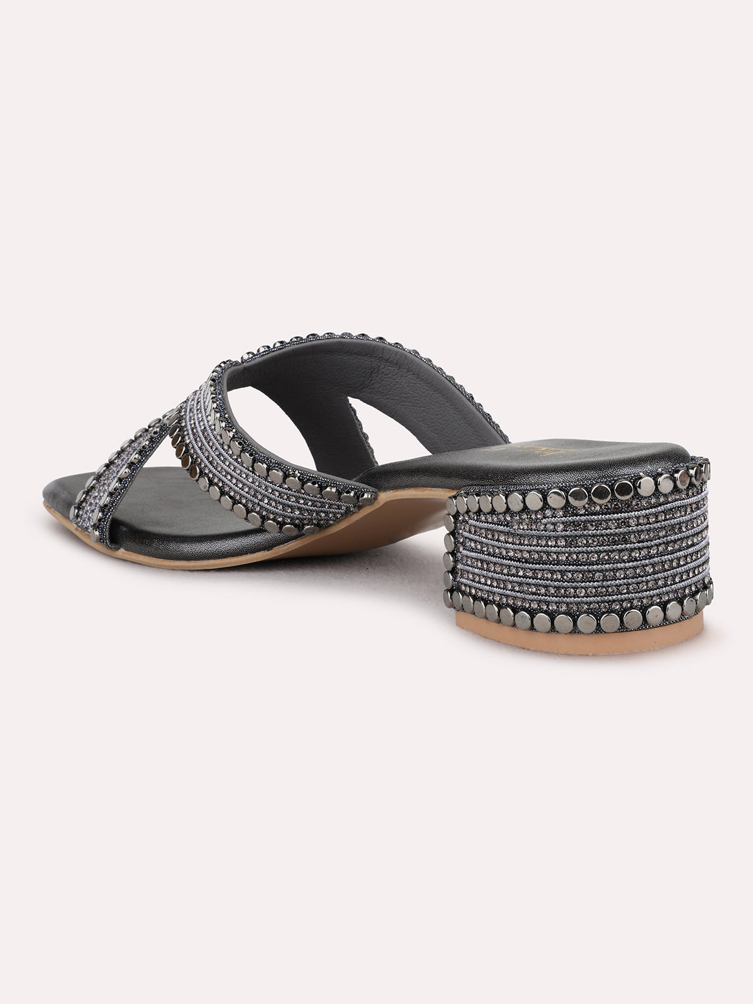 Womens Pewter Ethnic Embellished Square Toe Block Heels