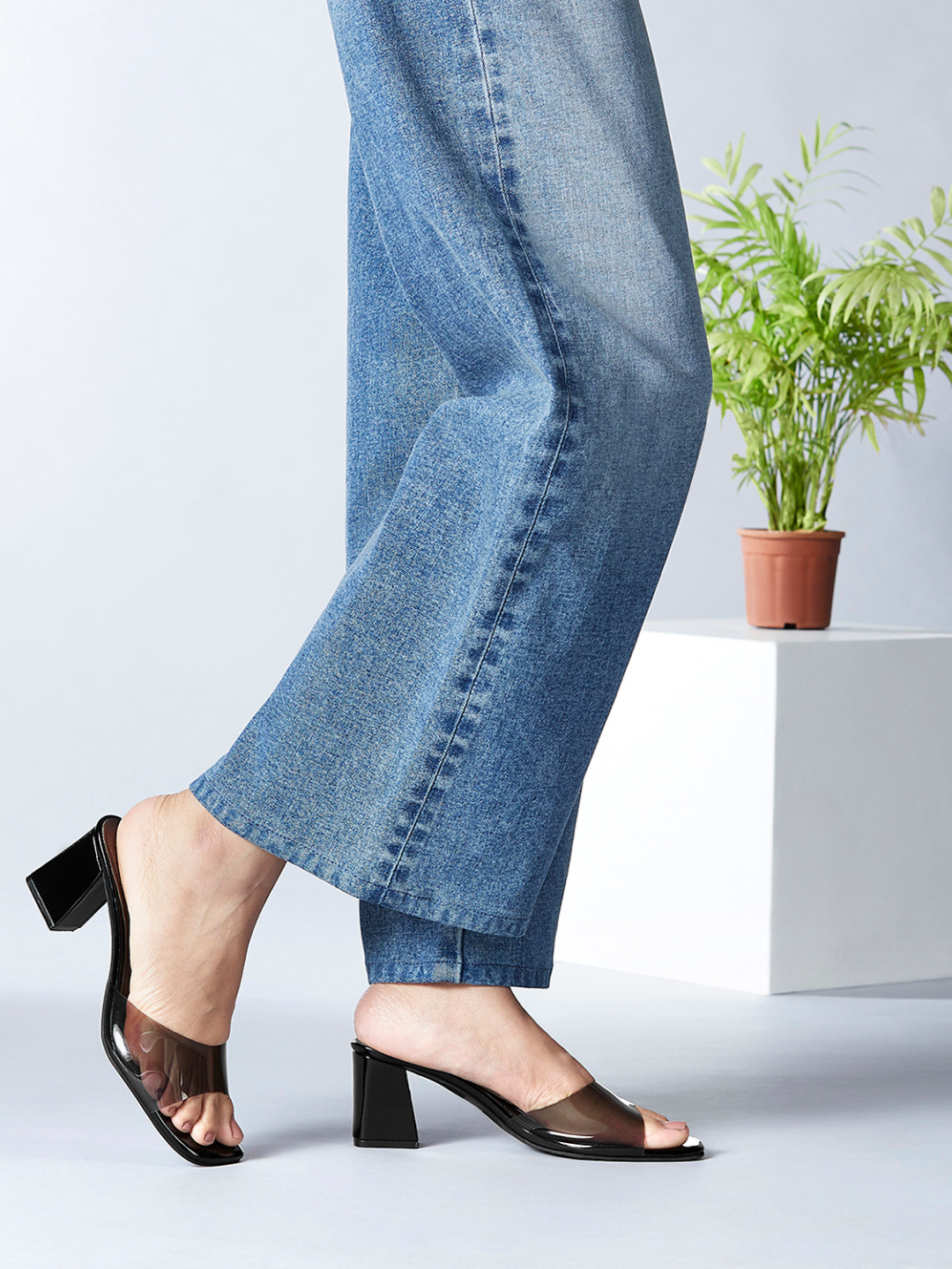 Women Black Transparent Block Heels - Main Image