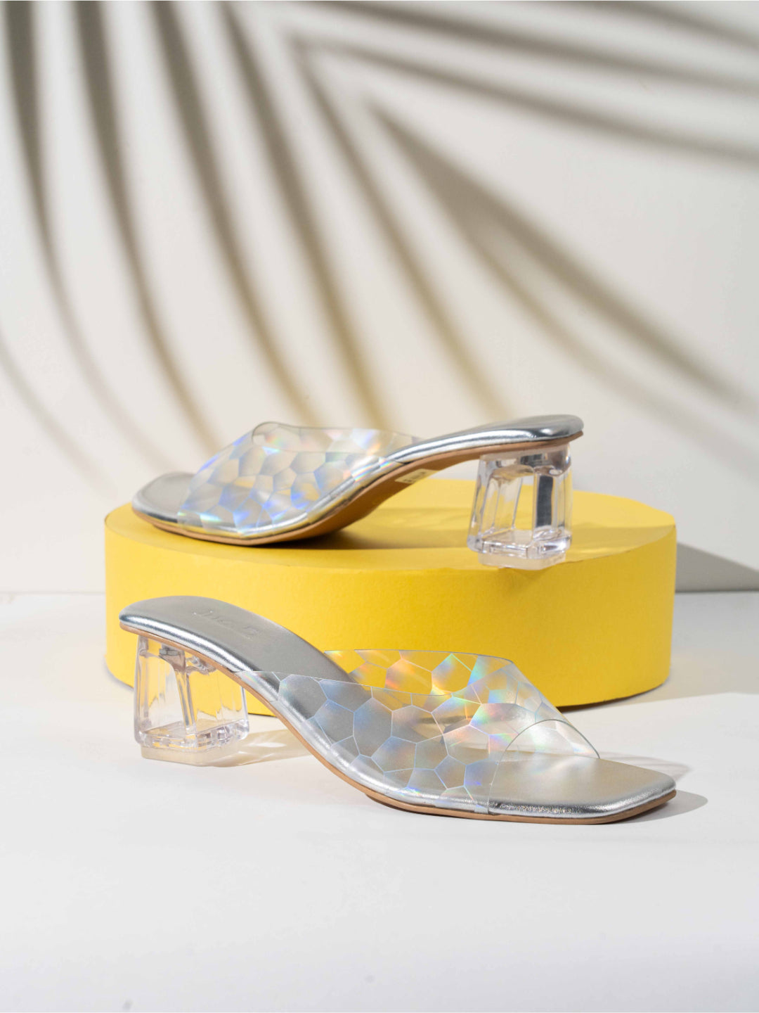Buy Now Women Silver Transparent Geometric Print Block Heel Sandals