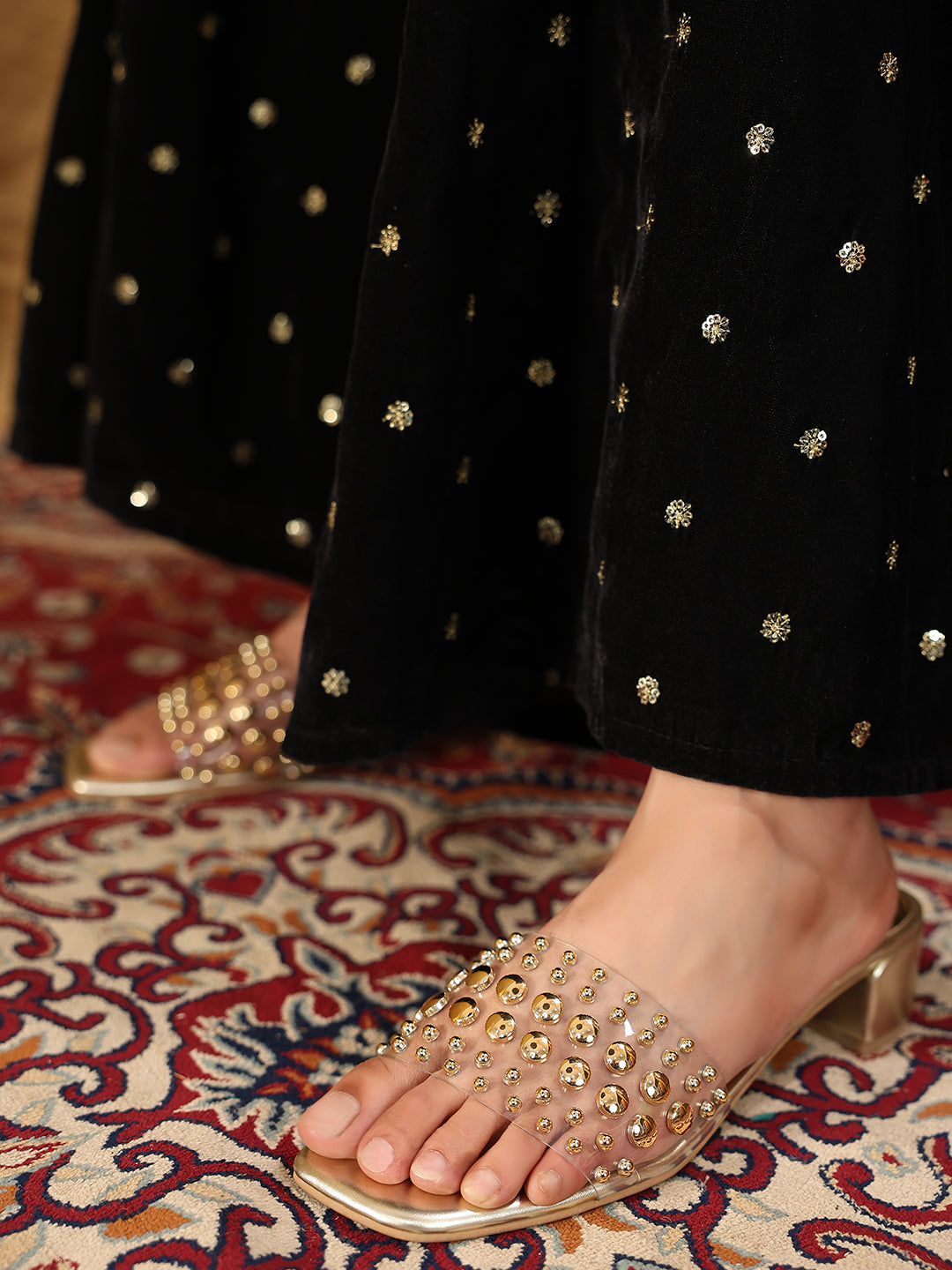 Buy Now Women Gold Studded Embellished Open Toe Block Heels