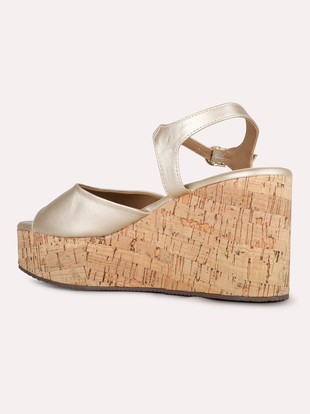 Women Golden Party Wear Solid Round Toe Wedge Heel Sandals