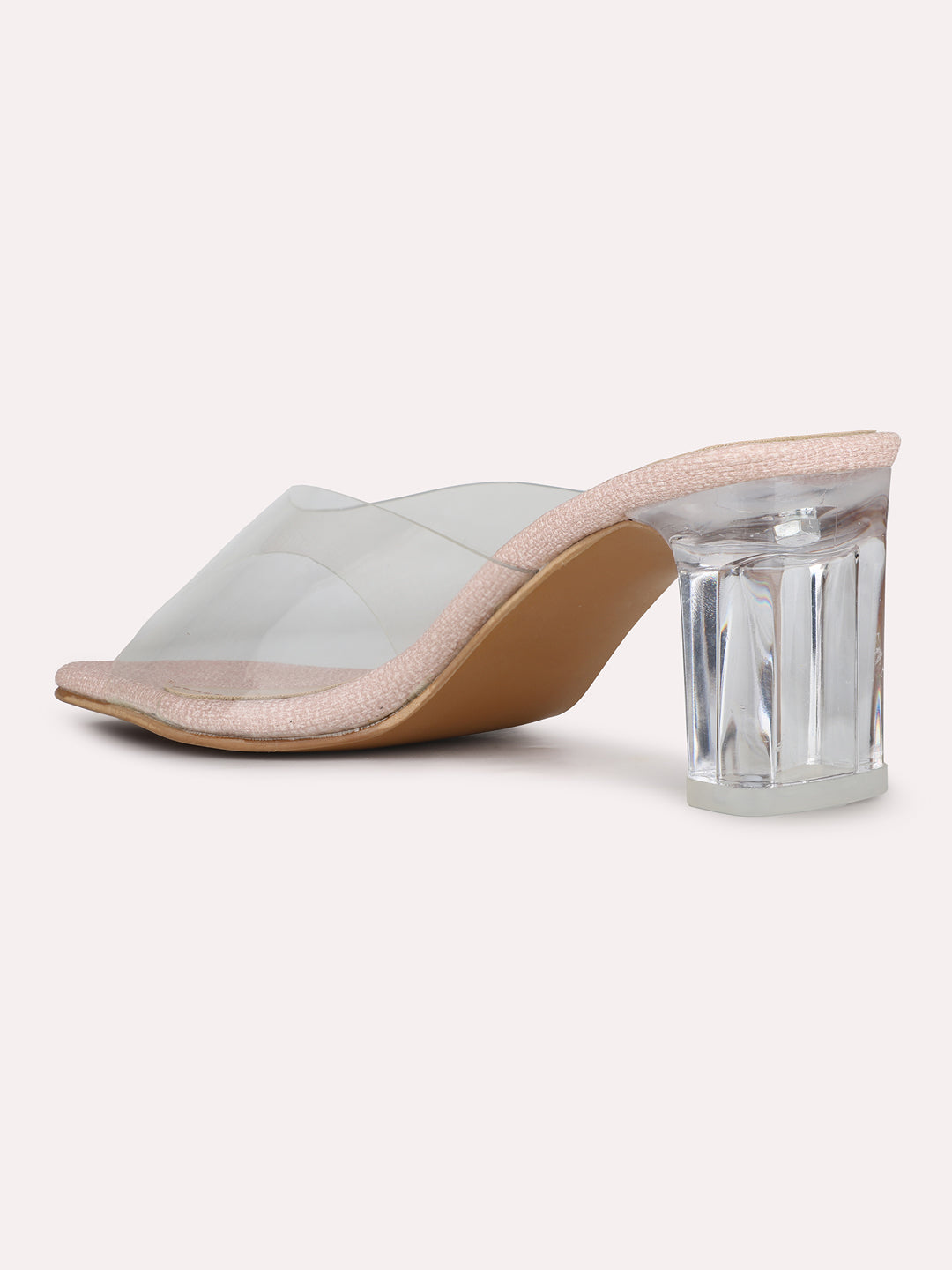 Womens Peach Party Wear Transparent Square Toe Block Heel Sandals