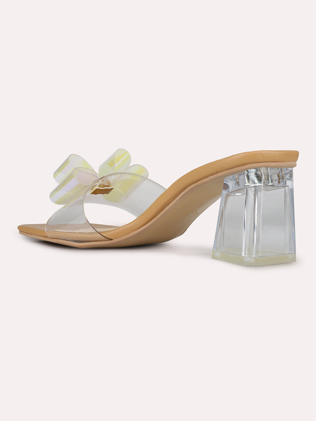 Womens Beige Party Wear Transparent Square Toe Block Heel Sandals