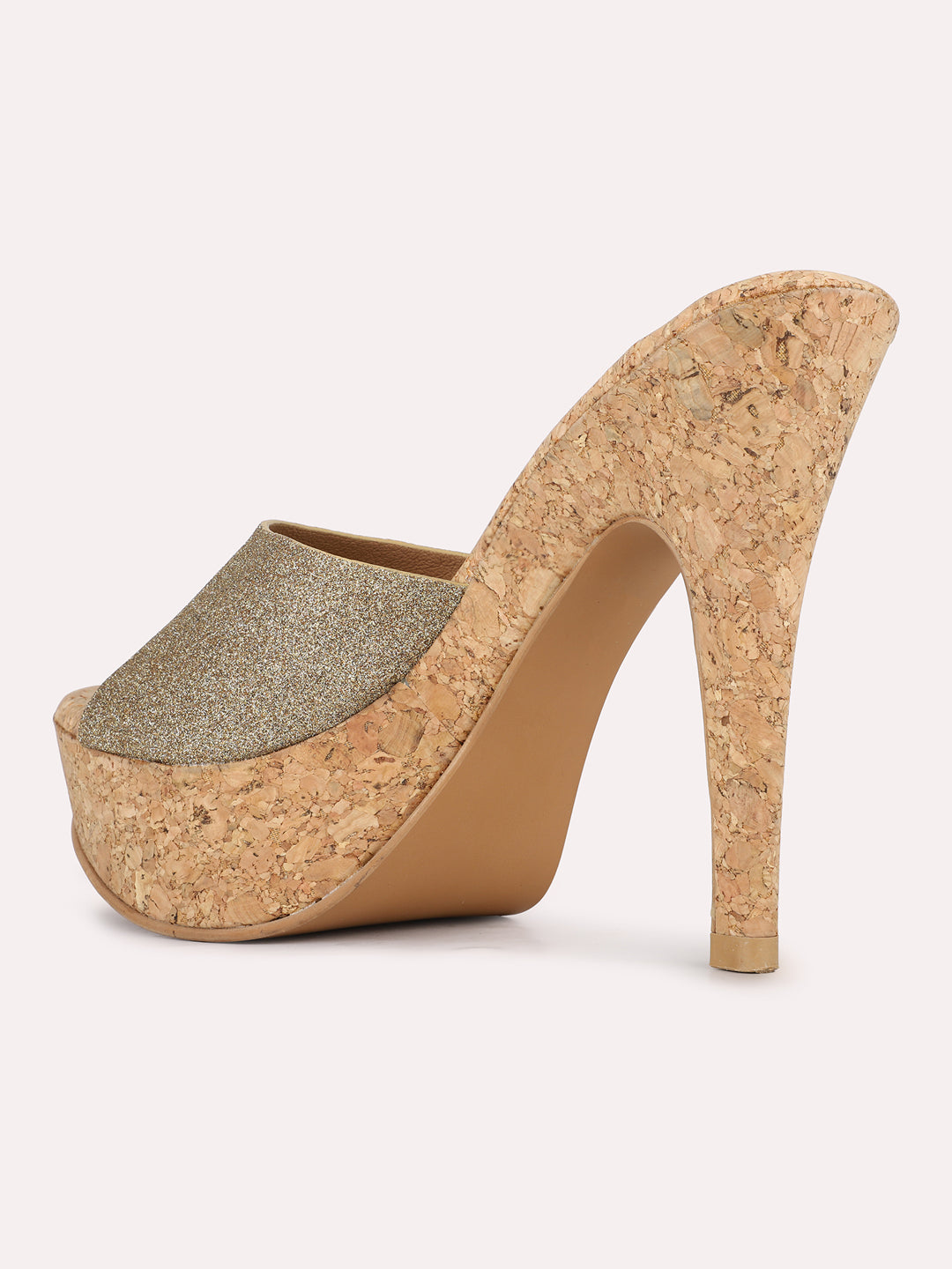 Women Golden Party Wear Embellished Round Toe Stiletto Heel Sandals