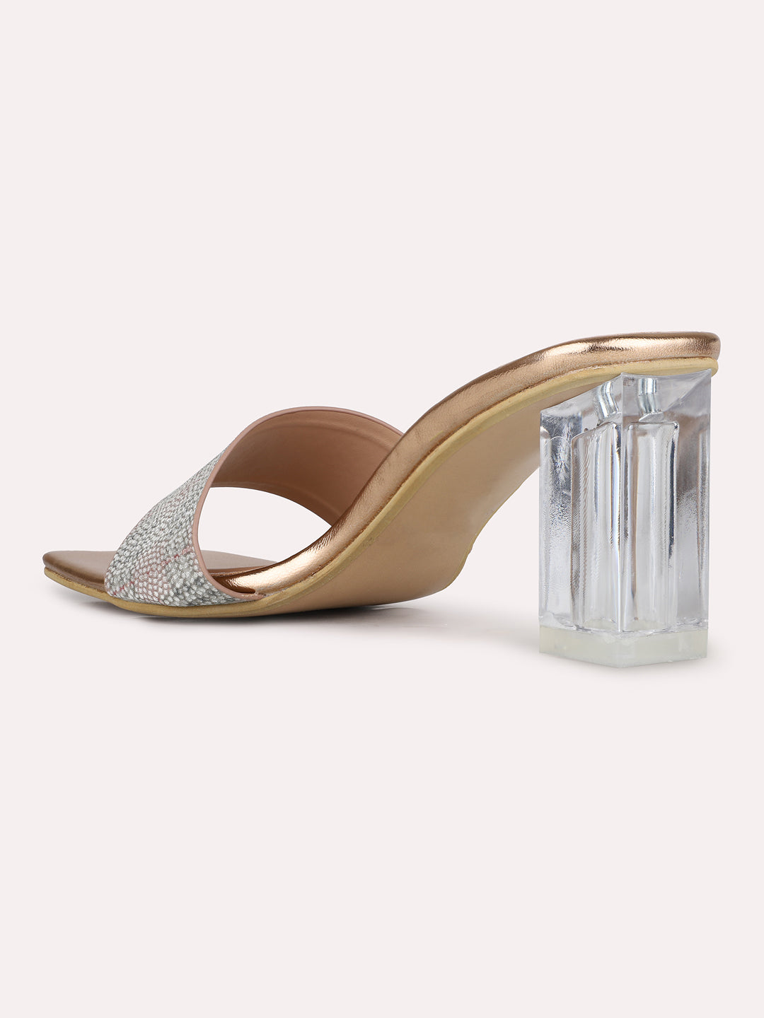 Women Rose Gold Party Wear Checkered Square Toe Block Heel Sandals