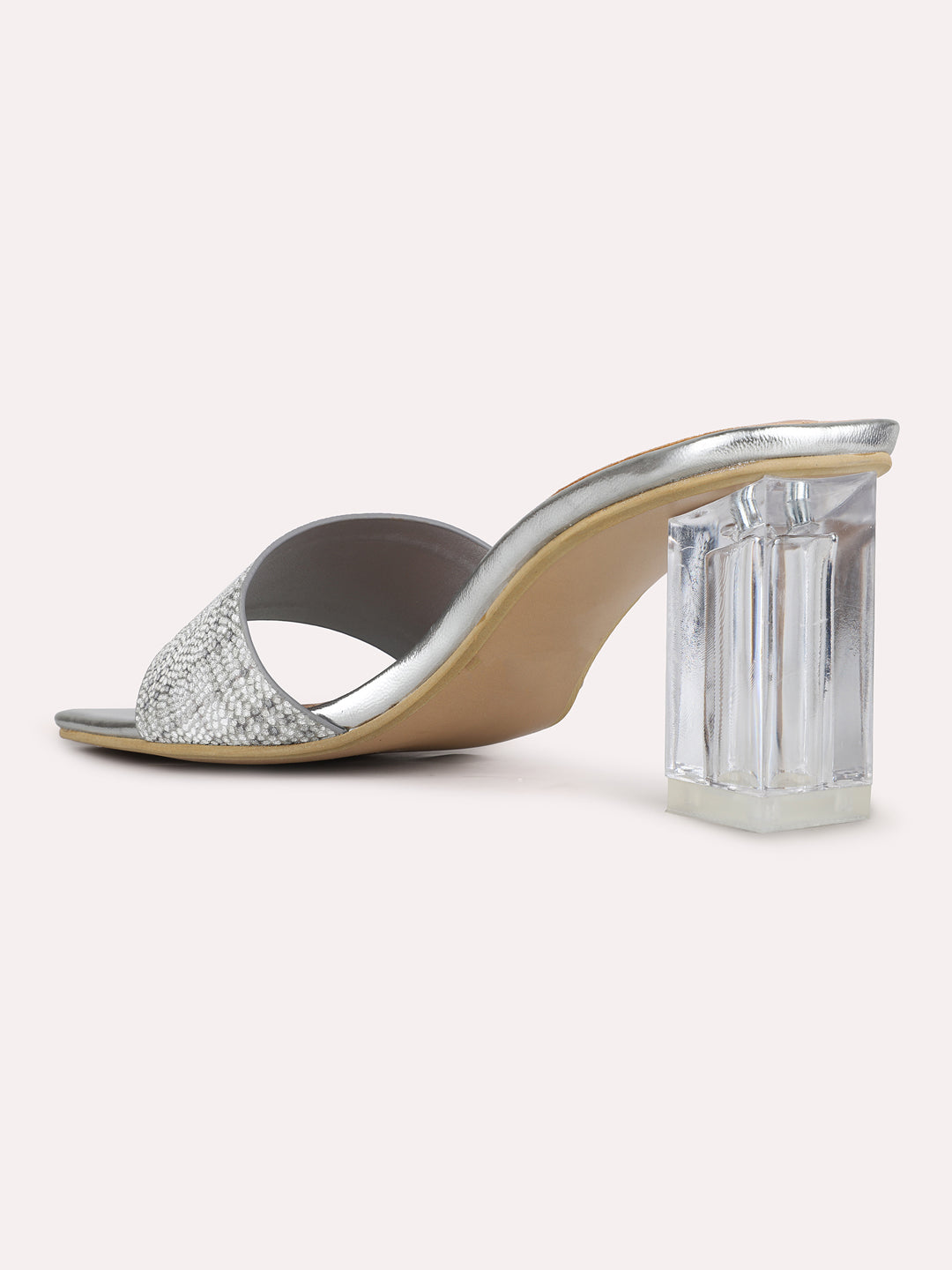 Women Silver Party Wear Checkered Square Toe Block Heel Sandals