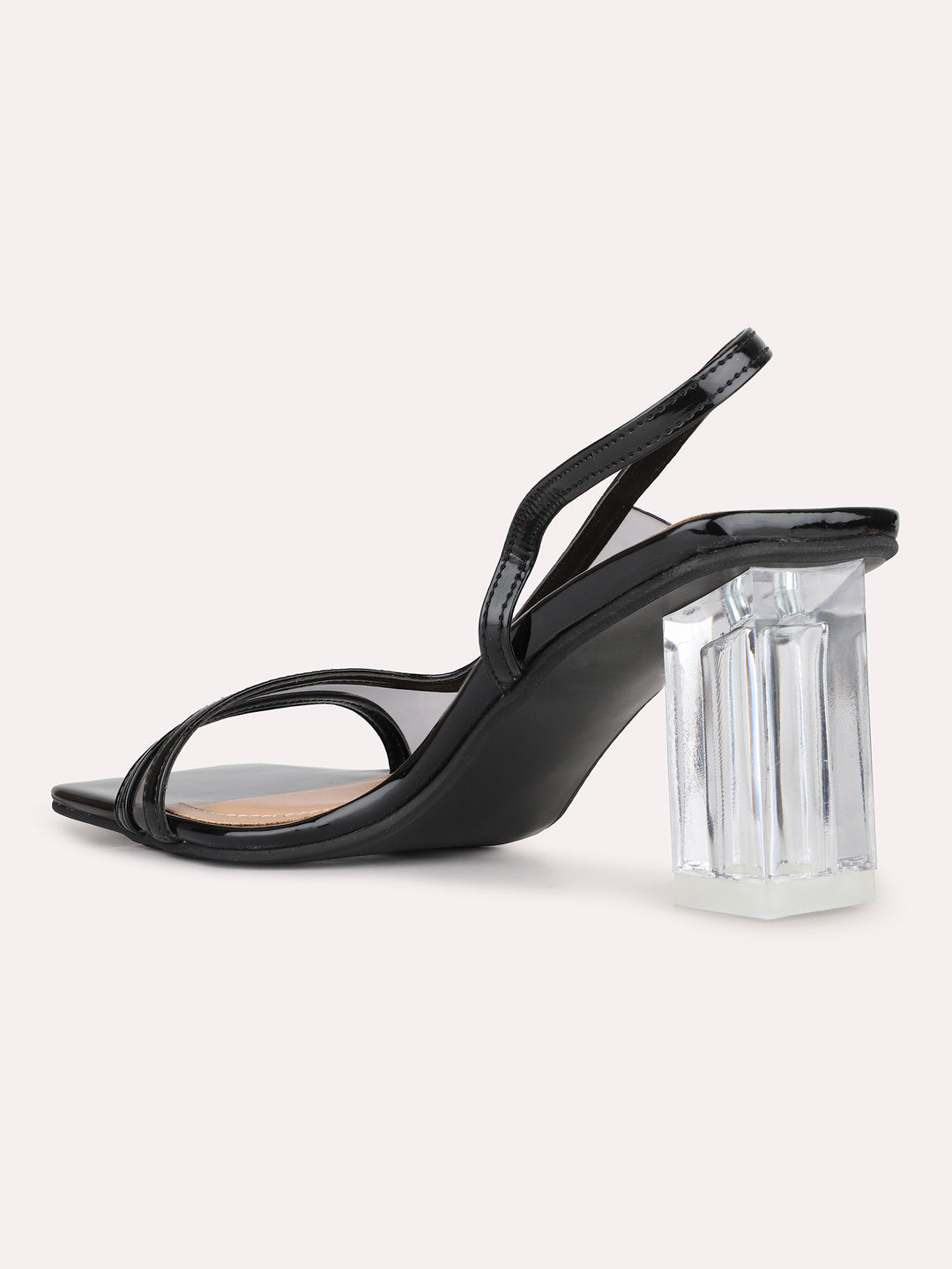 Women Black Party Wear Transparent Square Toe Block Heel Sandals