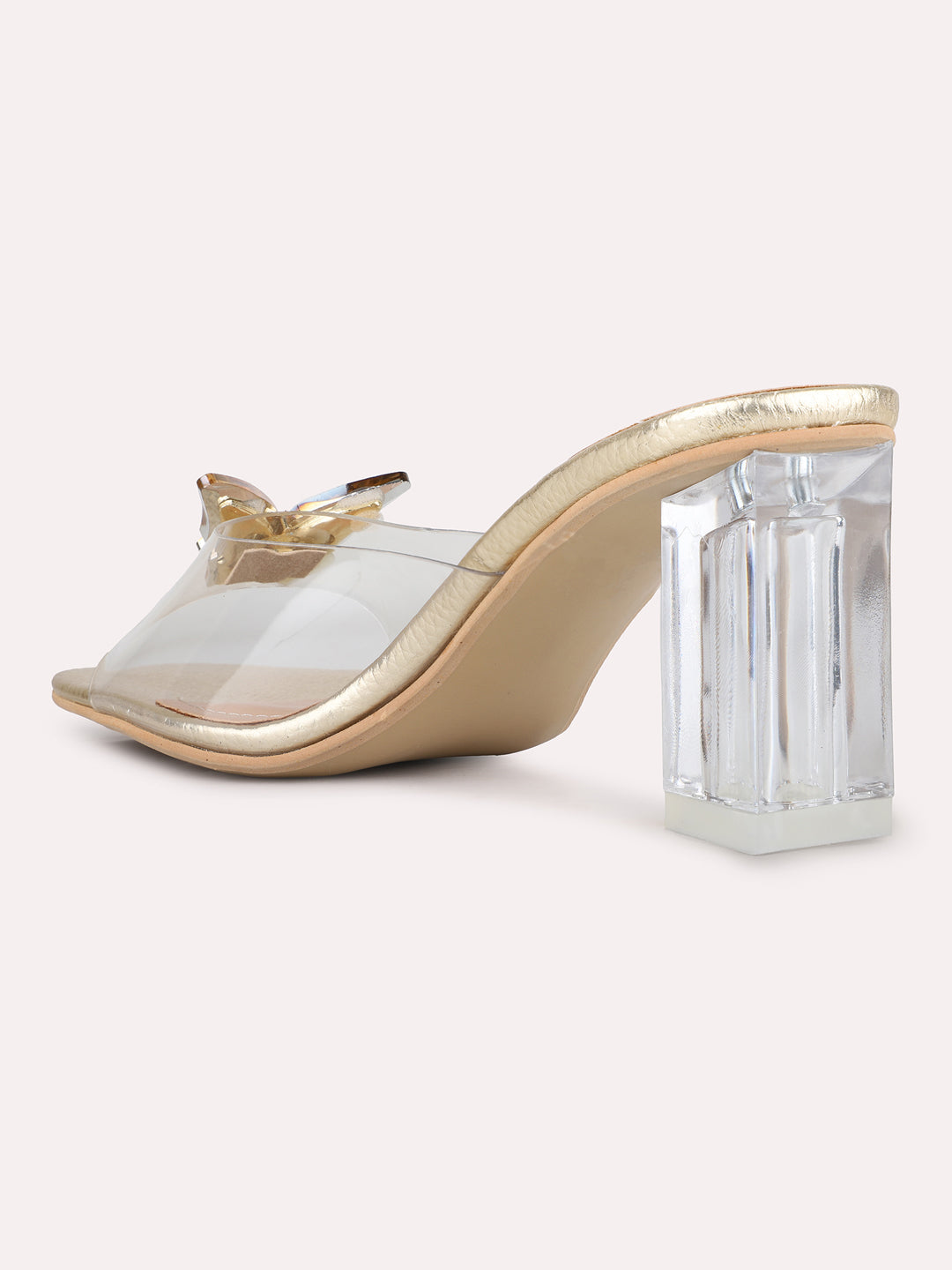 Women Golden Party Wear Transparent Square Toe Block Heel Sandals