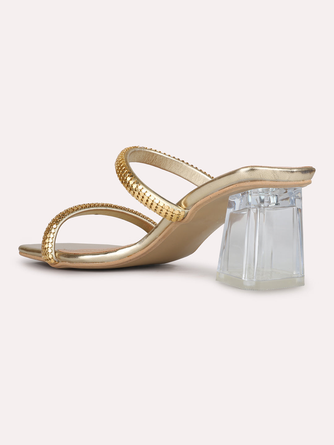 Womens Golden Party Wear Solid Square Toe Block Heel Sandals