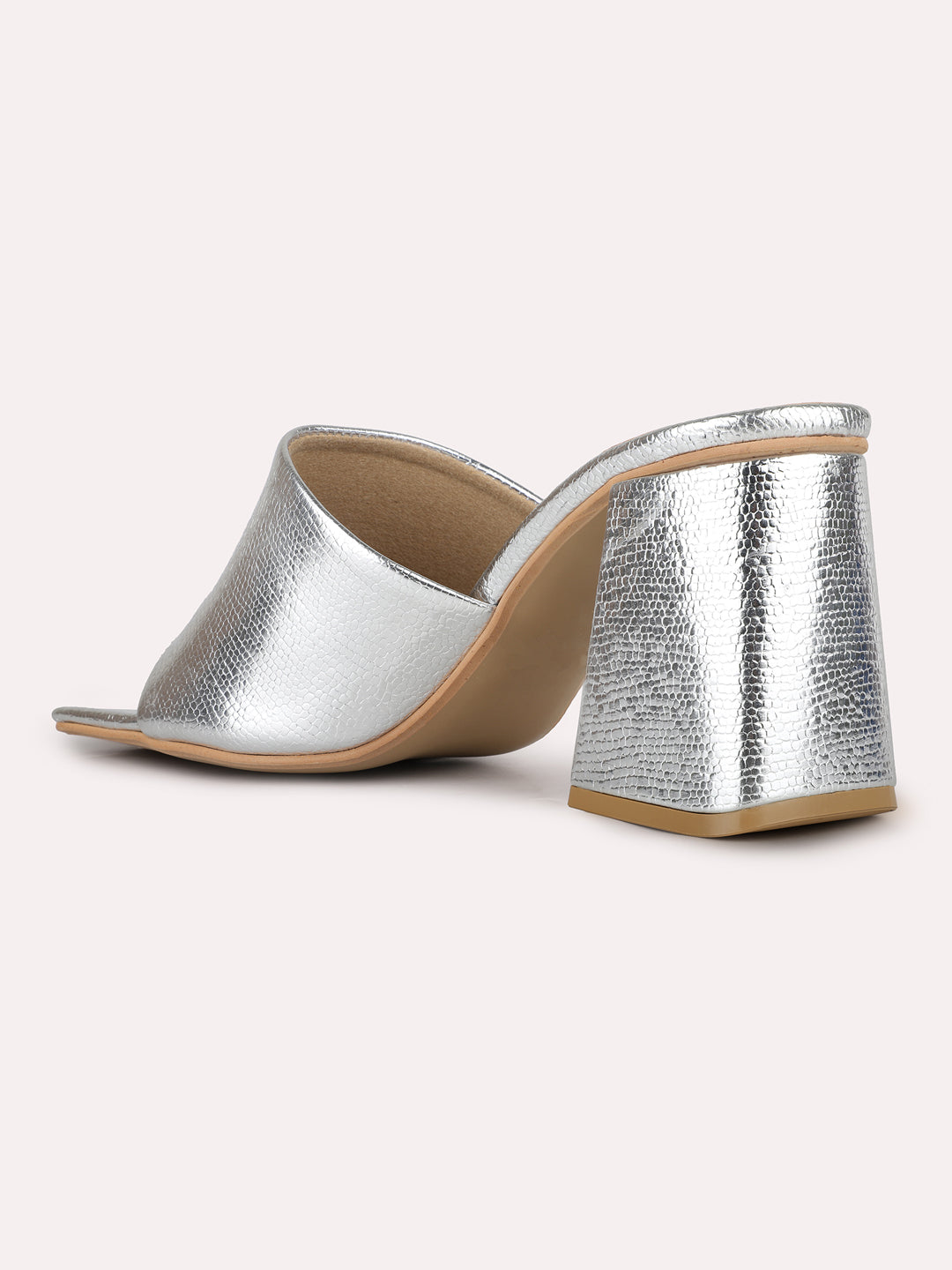 Women Silver Party Wear Solid Square Toe Block Heel Sandals