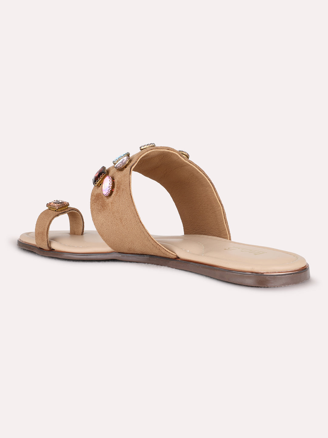 Womens Beige Ethnic Embellished One Toe Flat Slip-On Sandals