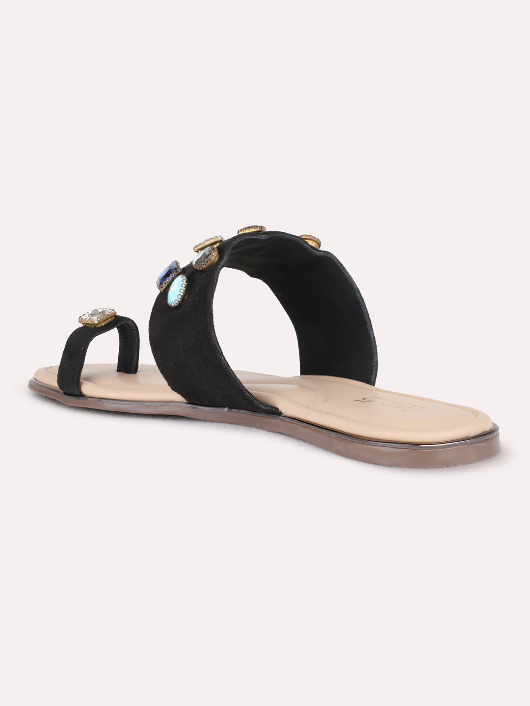 Womens Black Ethnic Embellished One Toe Flat Slip-On Sandals