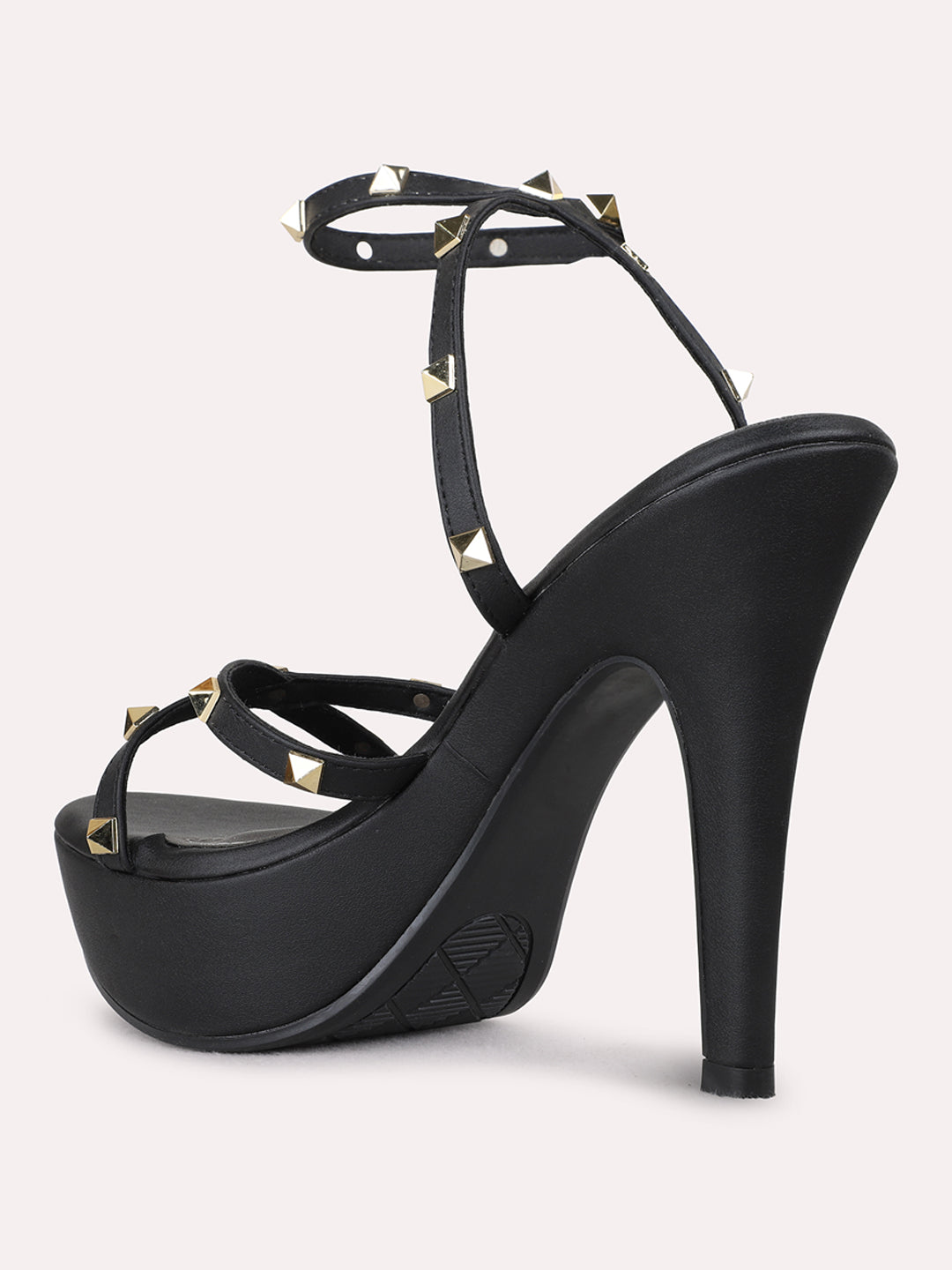 Womens Black Party Wear Striped Stiletto Heel Sandals