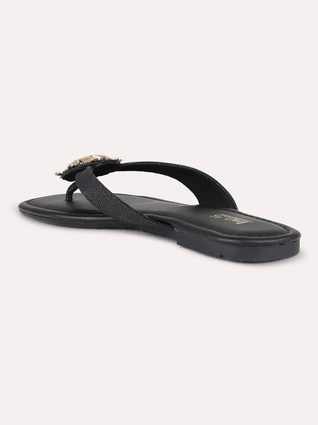 Womens Black Casual Solid T-Strap Flat Sandals