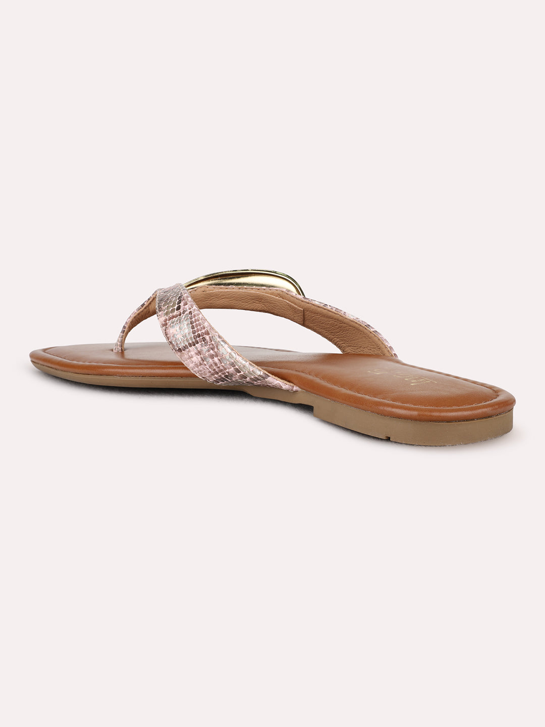 Womens Peach Casual Printed T-Strap Flat Sandals