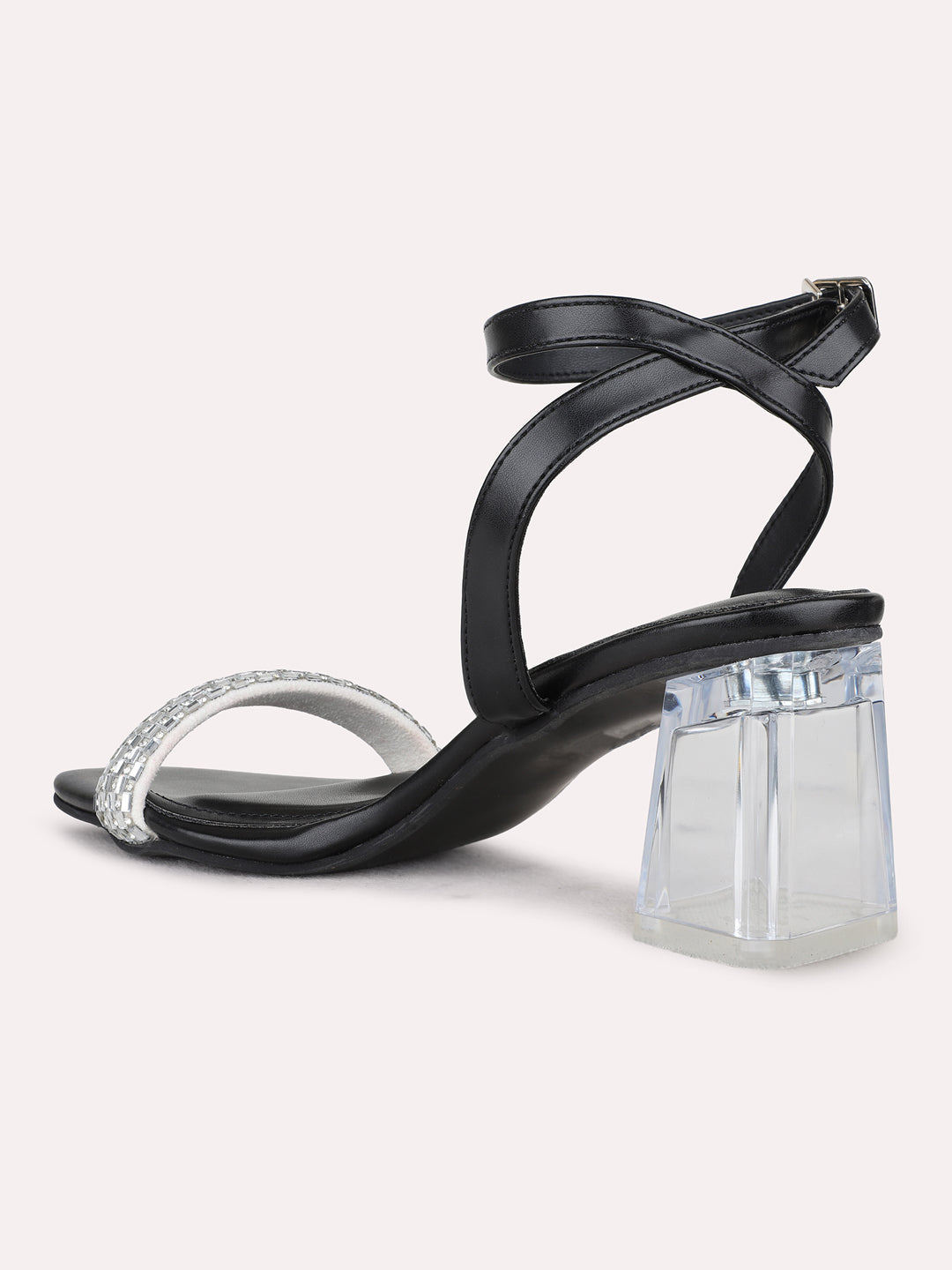 Womens Black Party Wear Embellished Square Toe Block Heel Sandals