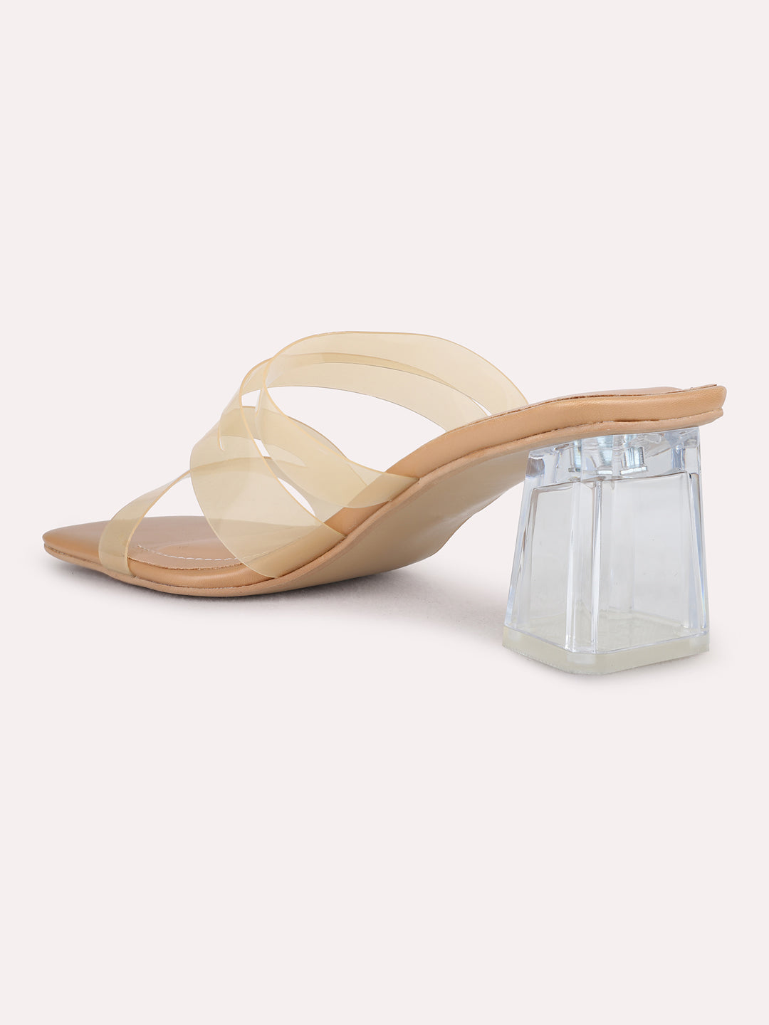 Womens Beige Casual Transparent Square Toe Block Heel Sandals