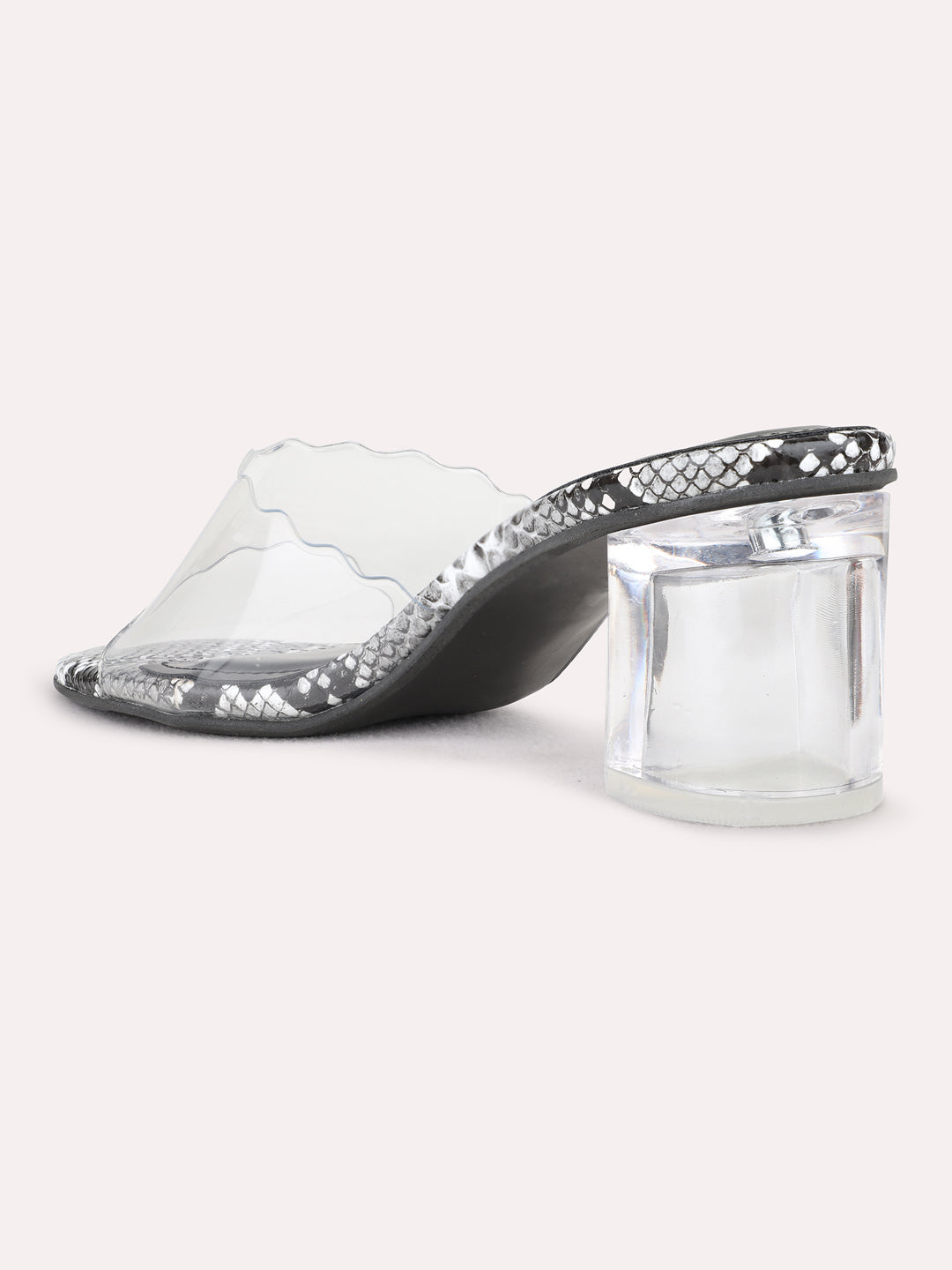 Womens Black Party Wear Transparent Square Toe Block Heel Sandals