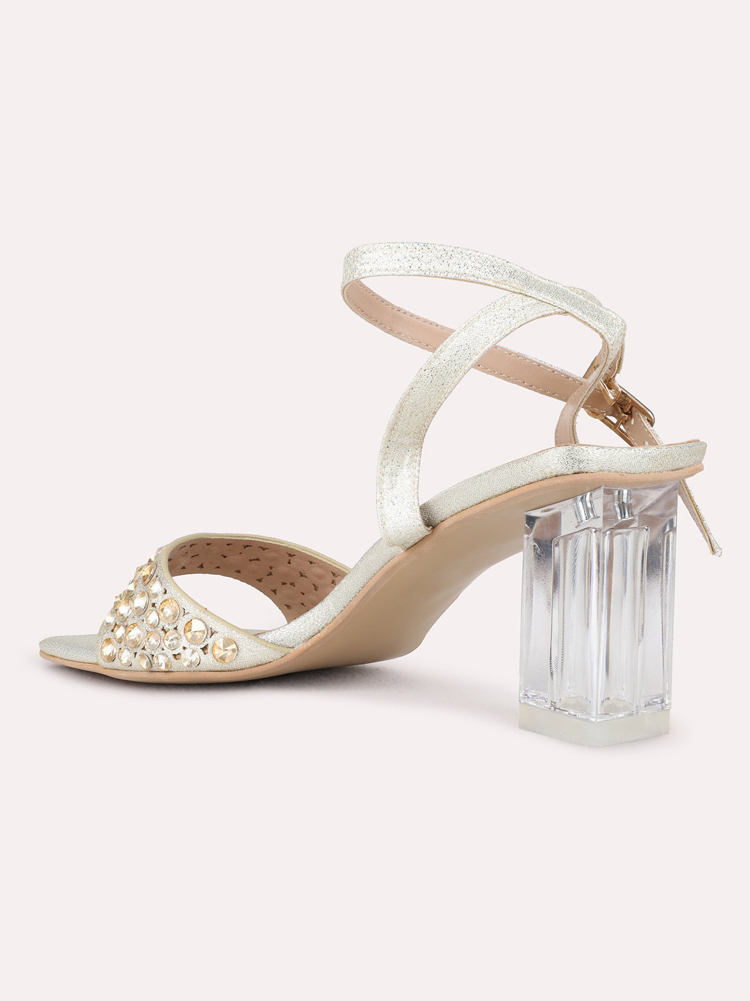 Womens Gold Ethnic Embellished Square Toe Block Heel Sandals