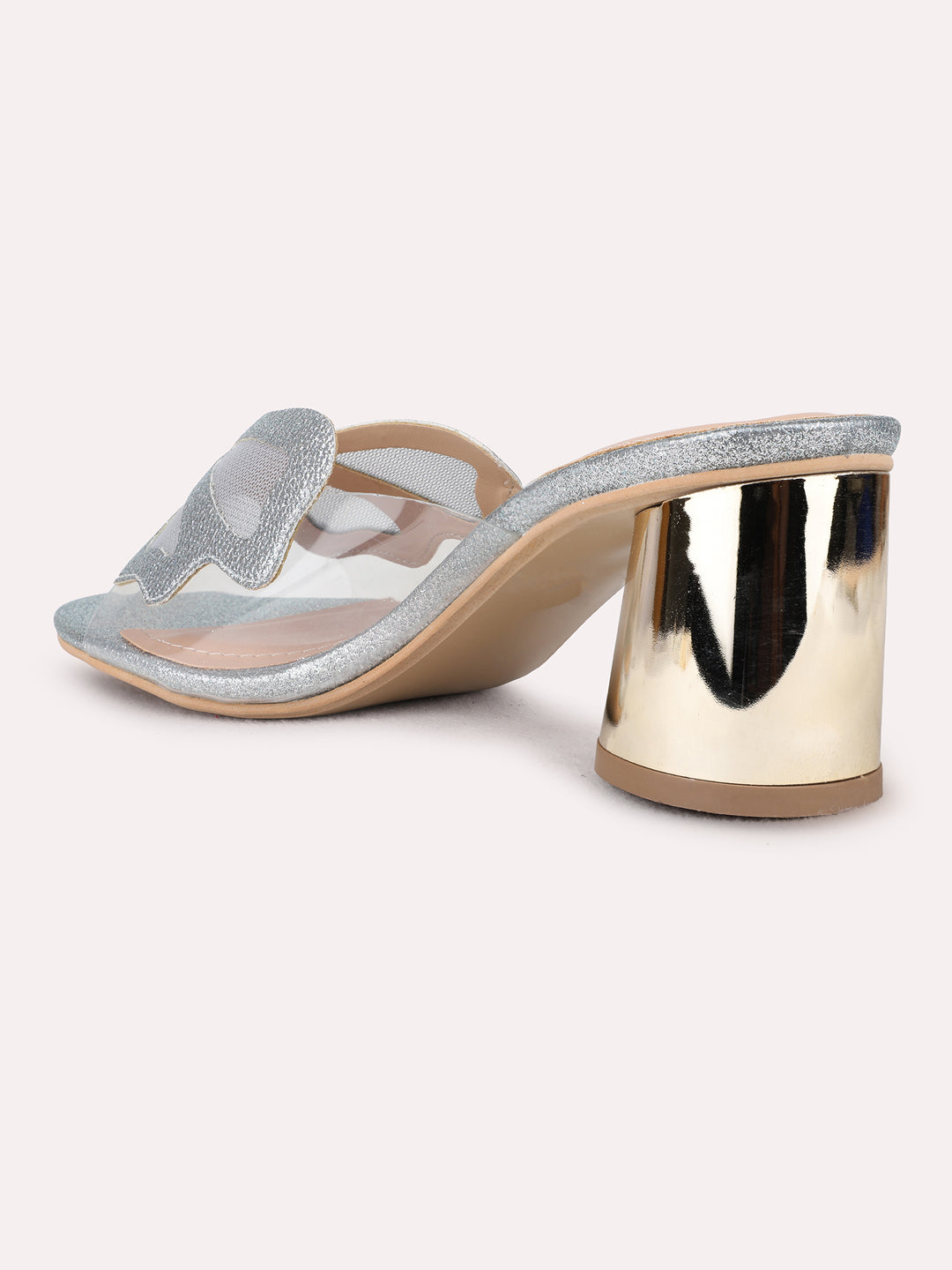 Womens Pewter Party Wear Transparent Round Toe Block Heel Sandals