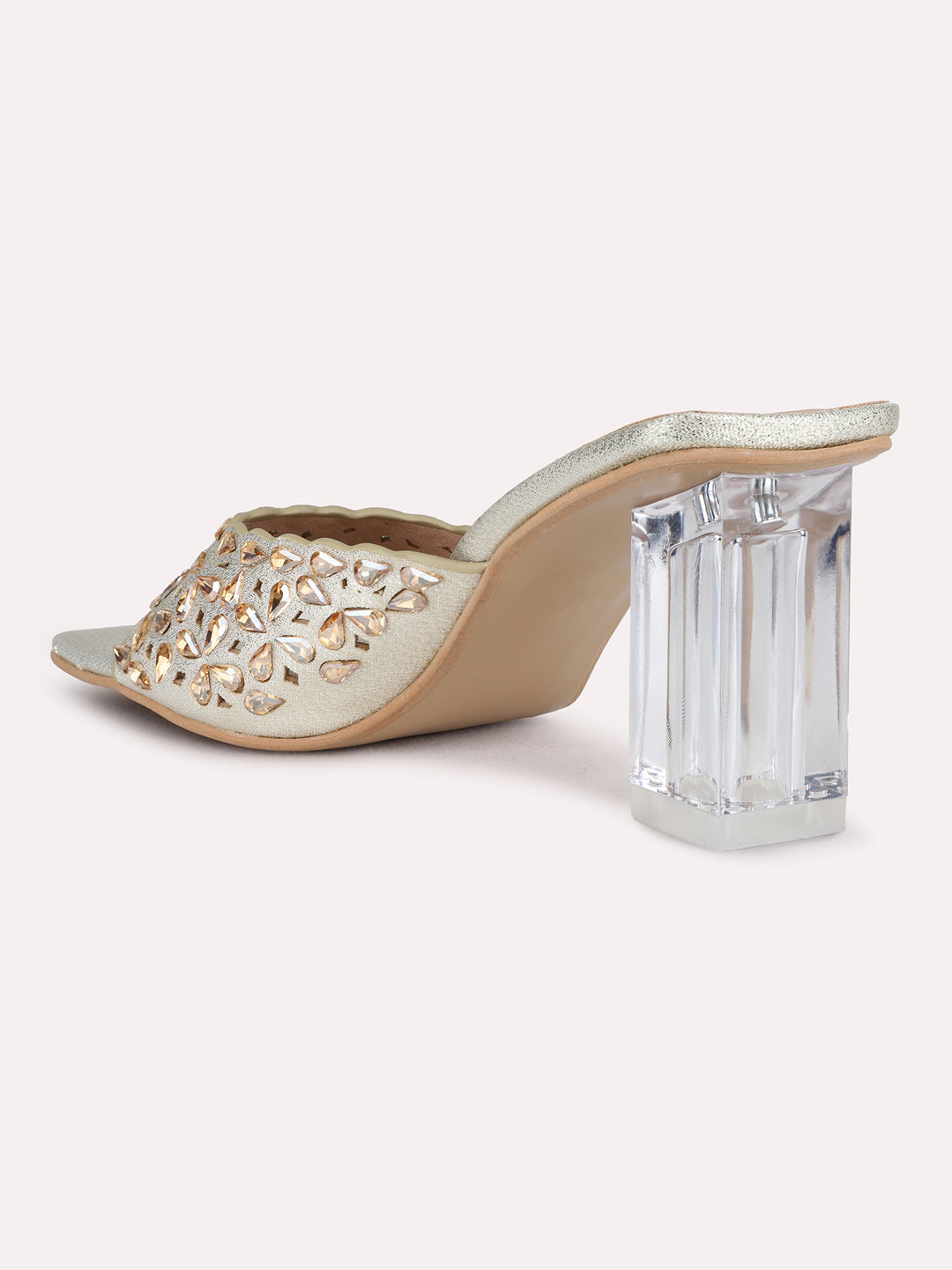 Womens Golden Party Wear Printed Square Toe Block Heel Sandals