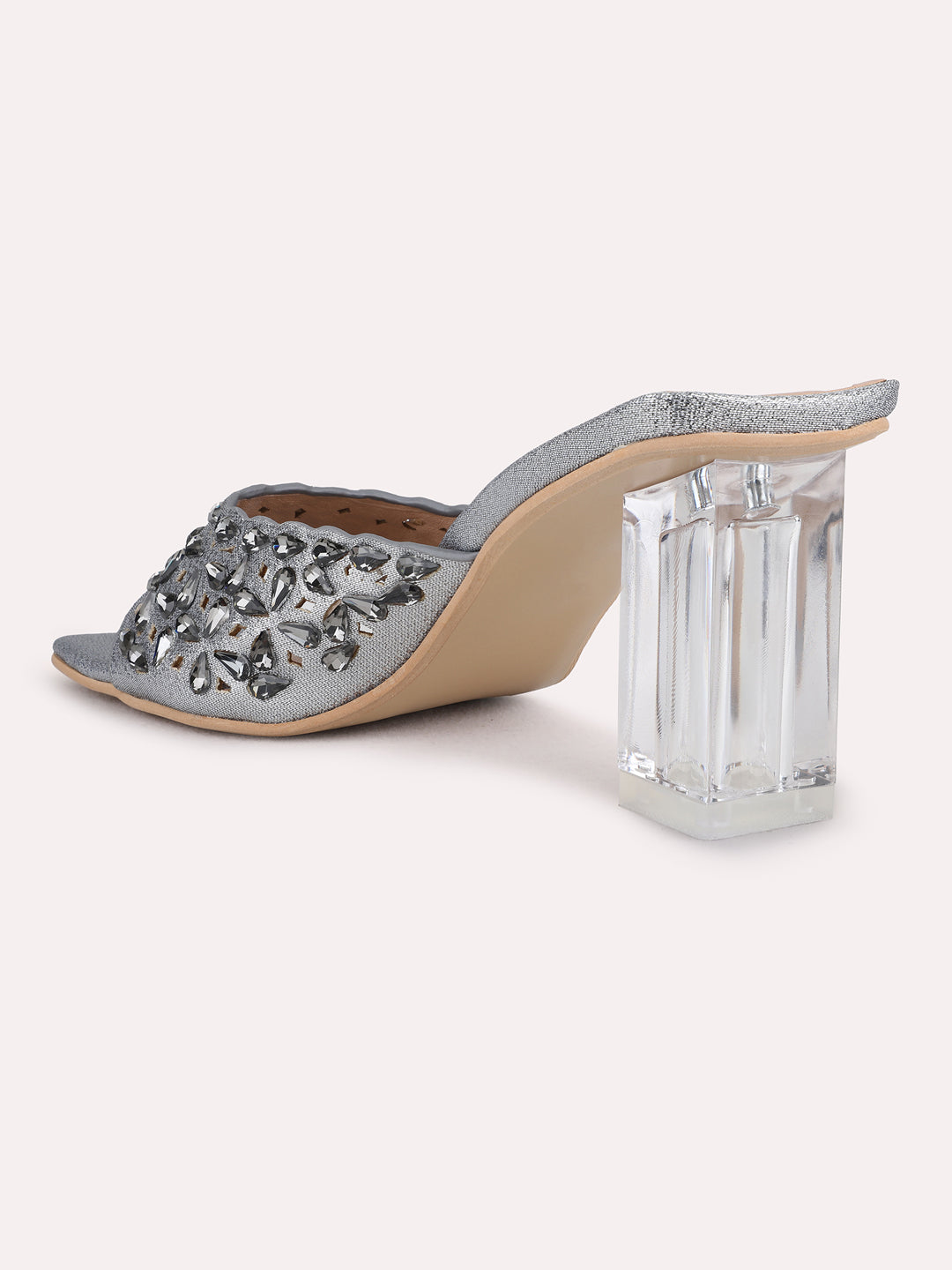 Womens Pewter Party Wear Printed Square Toe Block Heel Sandals