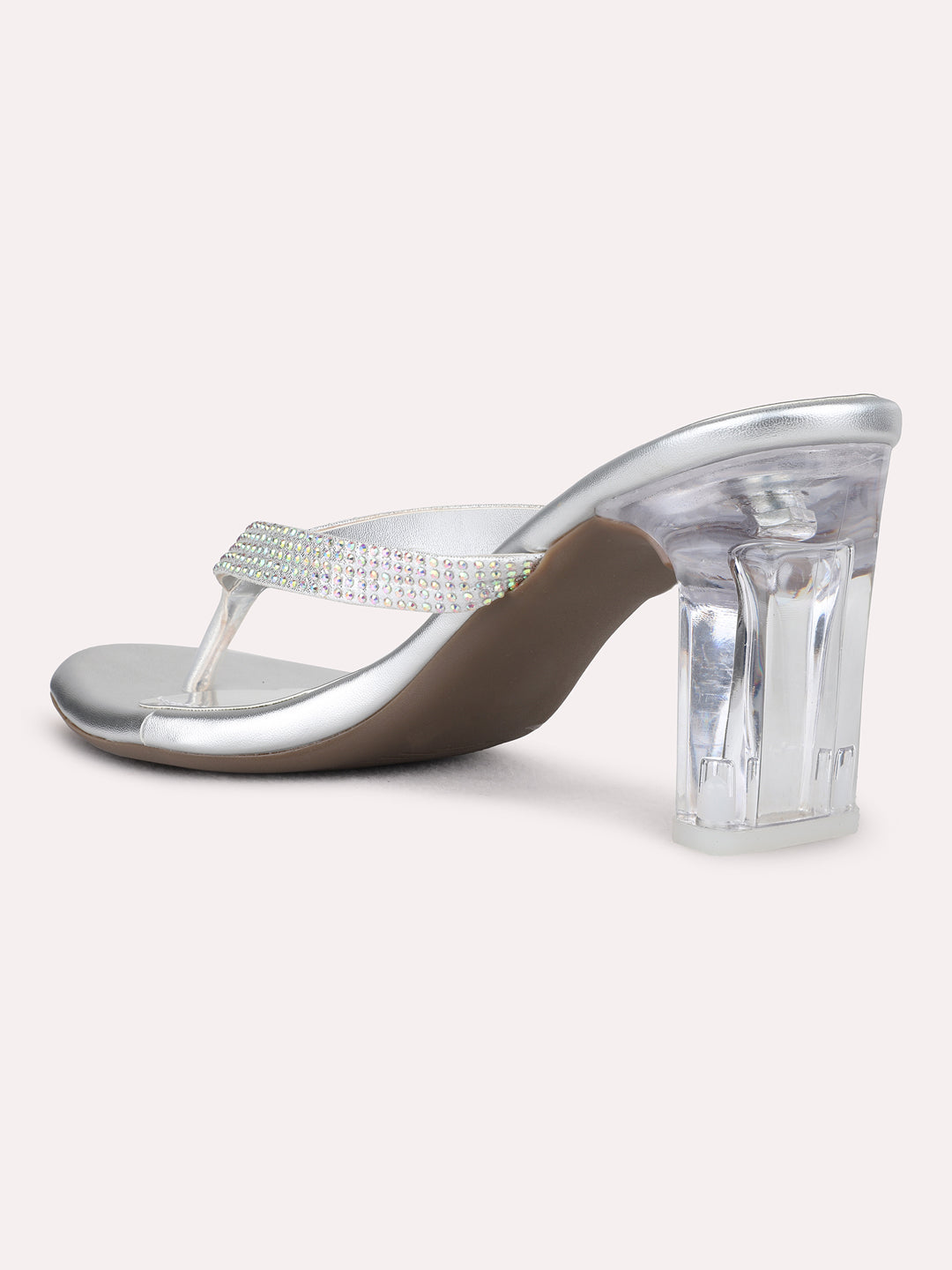 Womens Silver Party Wear Solid Pattern Block Heels Sandal