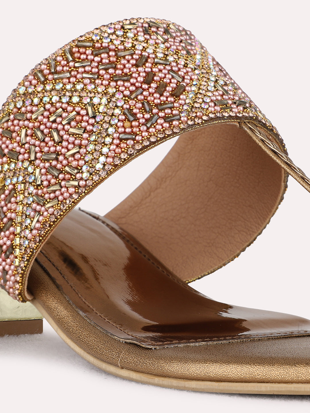 Womens Bronze Ethnic Embellished Round Toe Block Heels