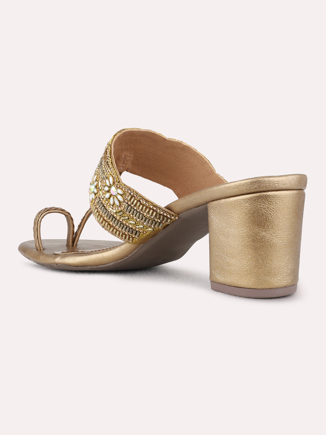 Womens Golden Ethnic Embellished Round Toe Block Heels