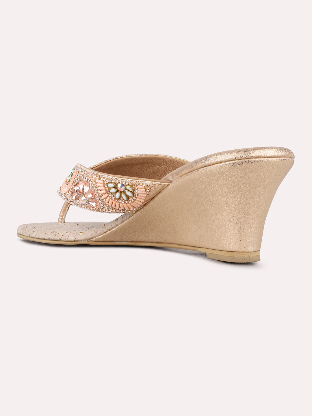 Womens Rose Gold Ethnic Embellished Round Toe Wedge Heel Sandals