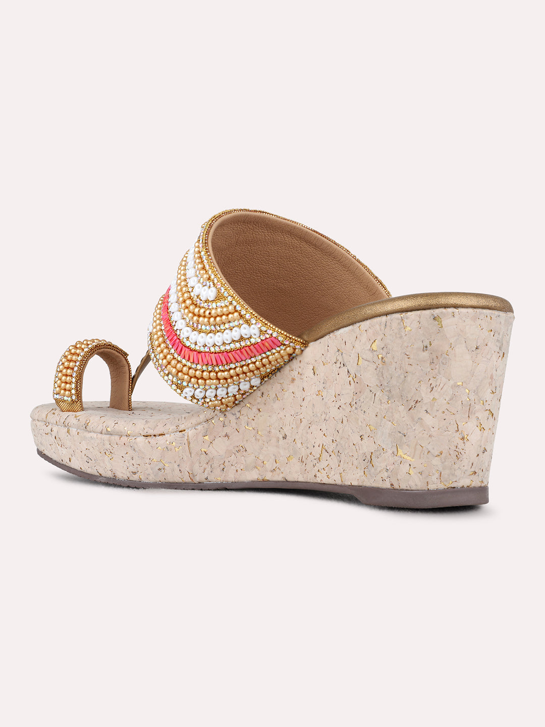Womens Golden Ethnic Round Toe Wedge Heel Sandals