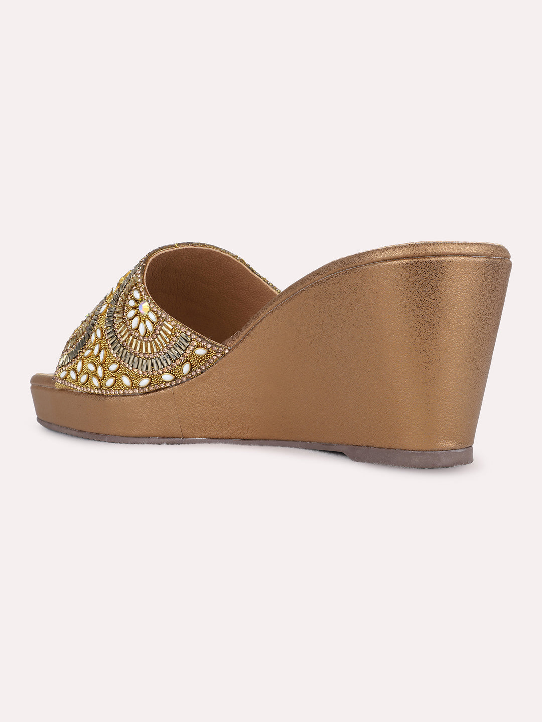Womens Golden Ethnic Embellished Pattern Round Toe Wedges