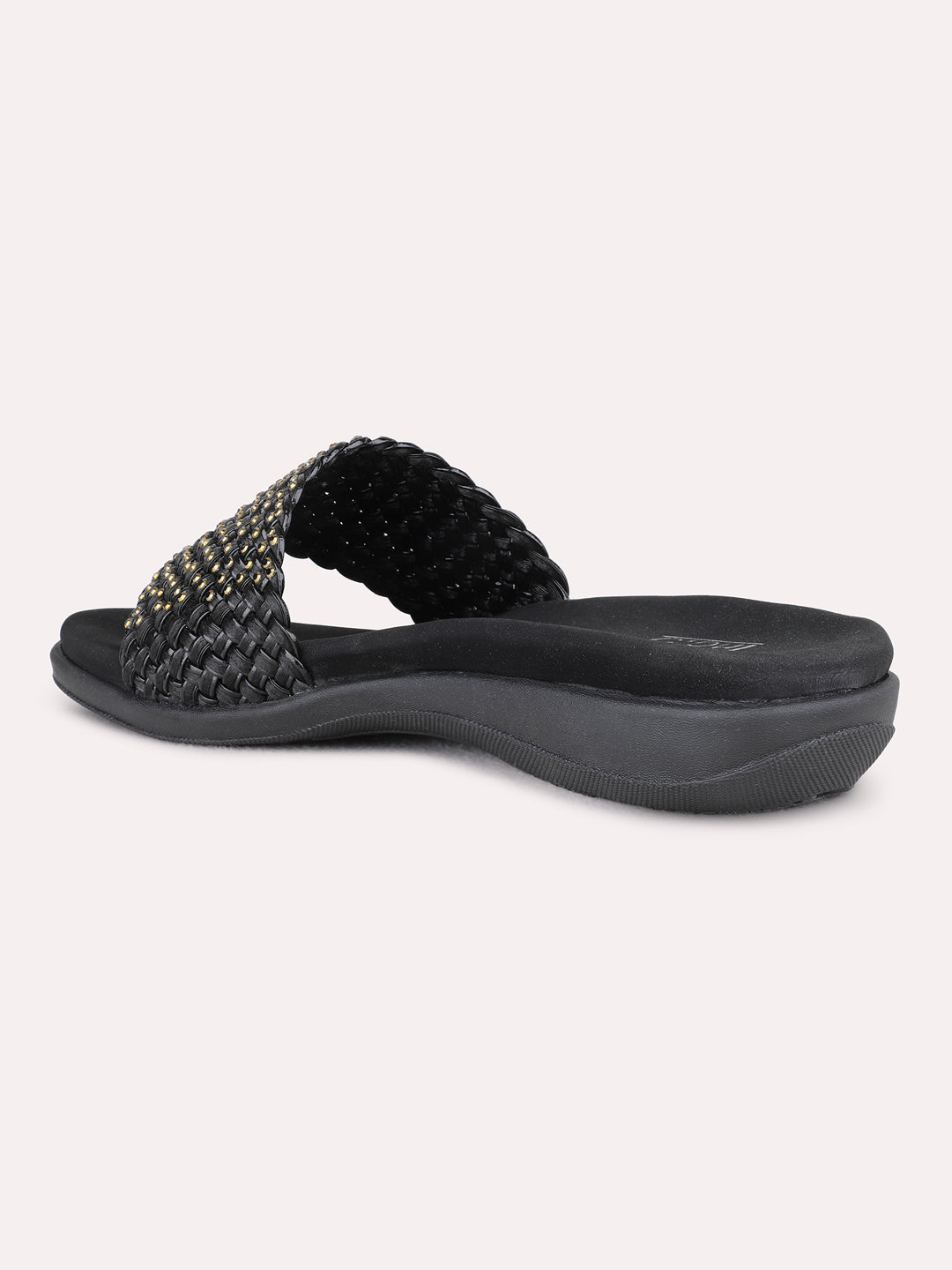 Womens Black Ethnic Embellished Open Toe Flat Sandals