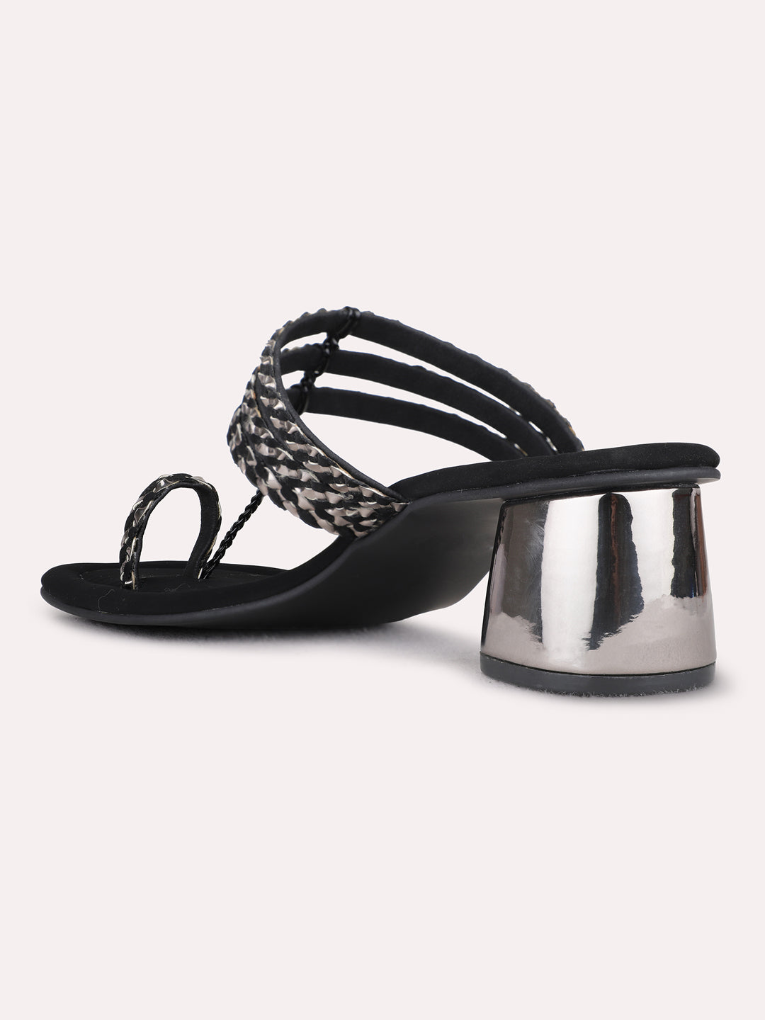 Womens Black Party Wear Striped Round Toe Block Heel Sandals