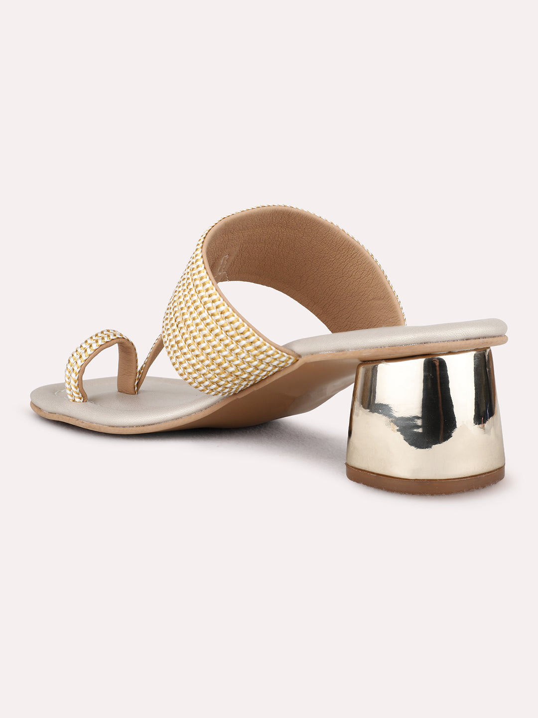 Womens Golden Ethnic Wear Embellished Square Toe Block Heels