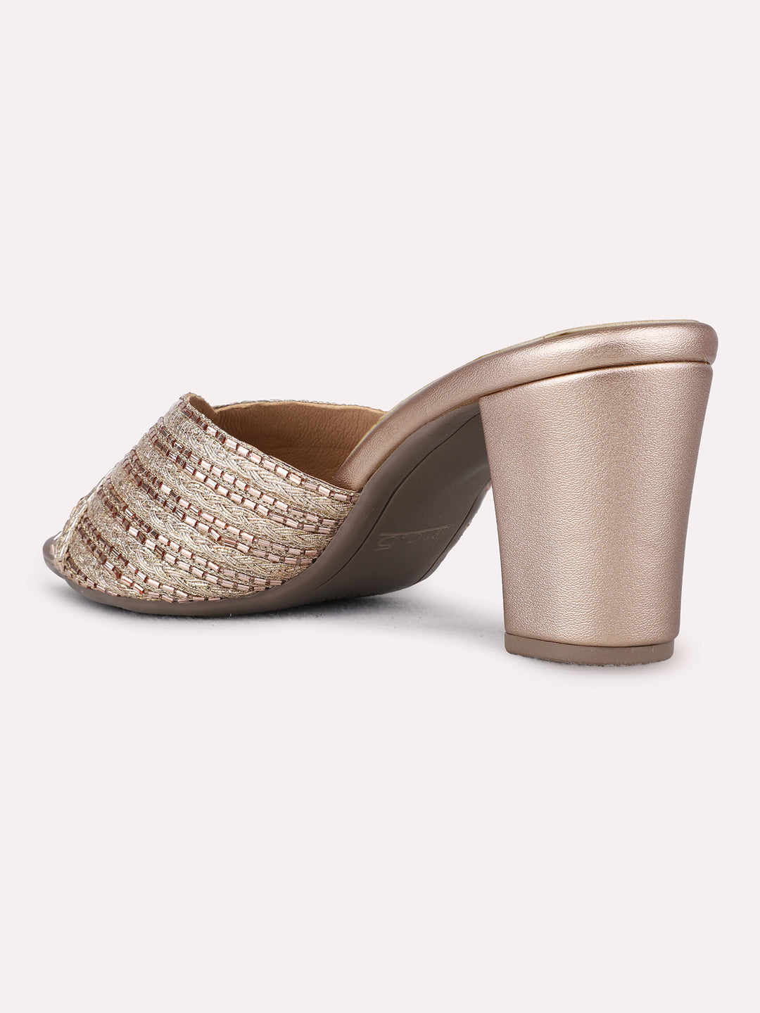 Womens Rose Gold Party Wear Embellished Round Toe Block Heel Sandals