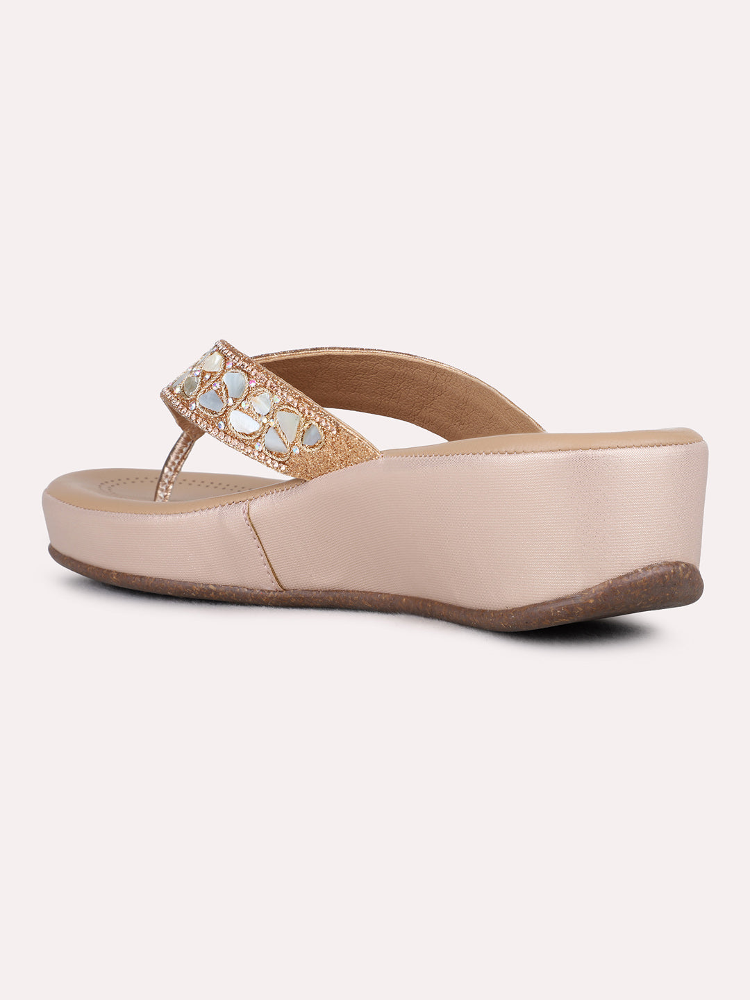 Womens Rose Gold Party Wear Embellished Round Toe Wedges