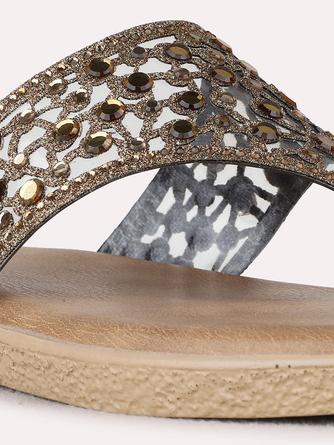 Womens Golden Casual Transparent T-Strap Flats