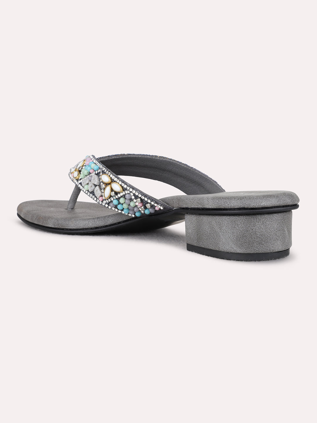 Womens Grey Ethnic Wear Embellished Round Toe Block Heel Sandals