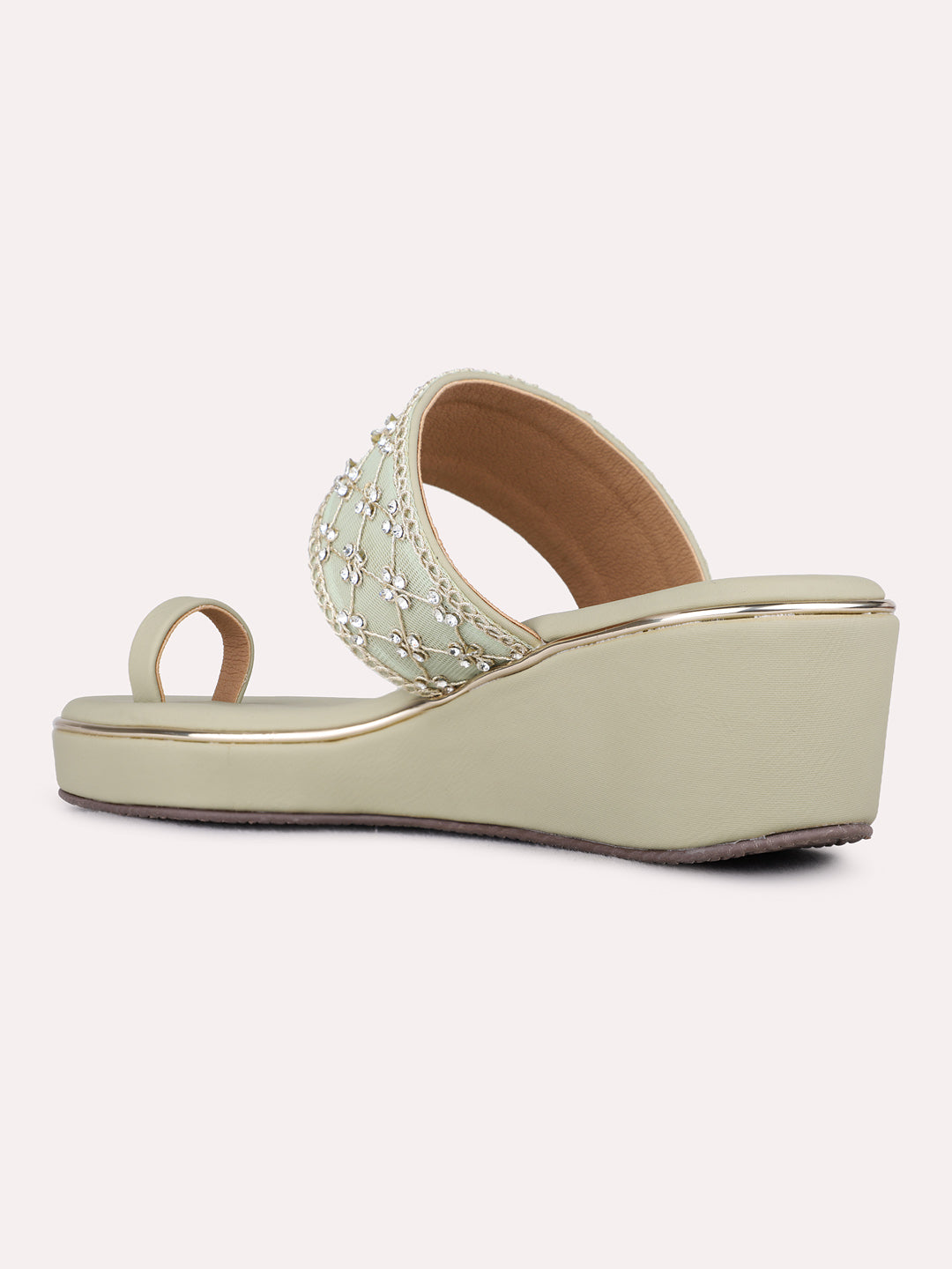 Womens Green Ethnic Embellished Round Toe Wedge Heels