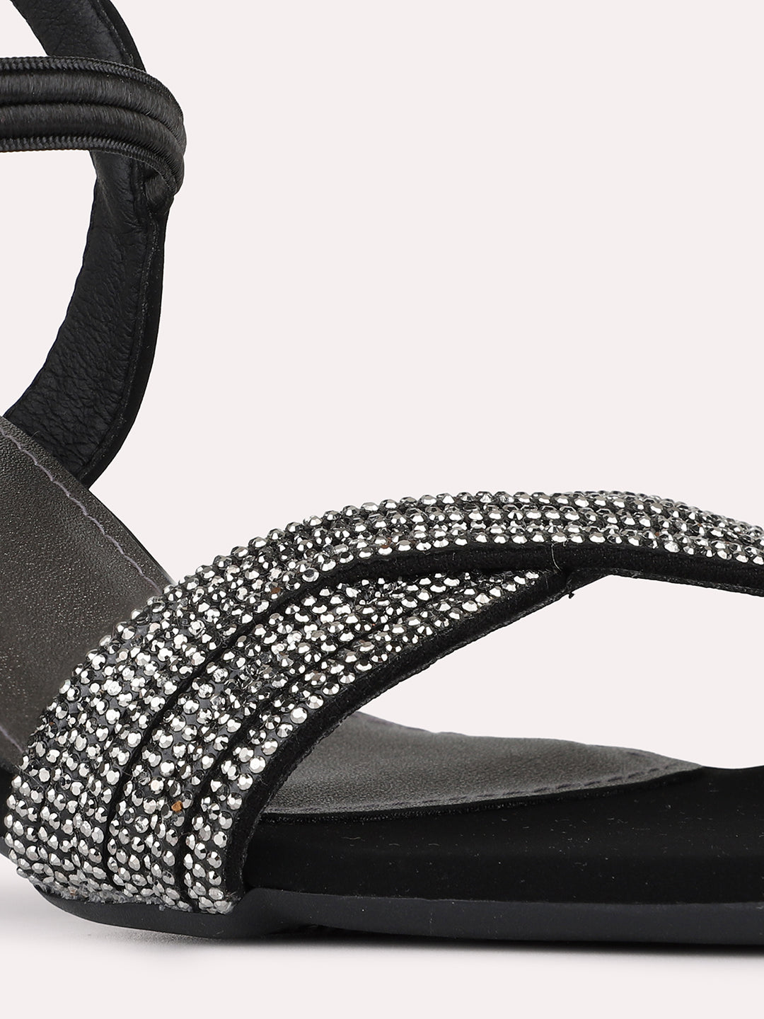 Womens Black Party Wear Embellished Round Toe Block Heels