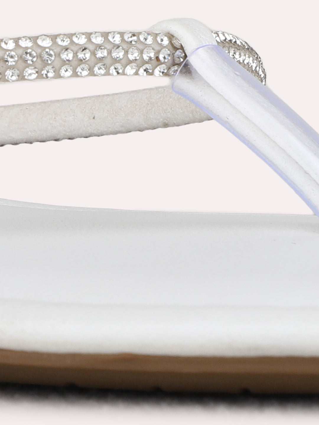 Womens White Casual Embellished T-Strap Flats