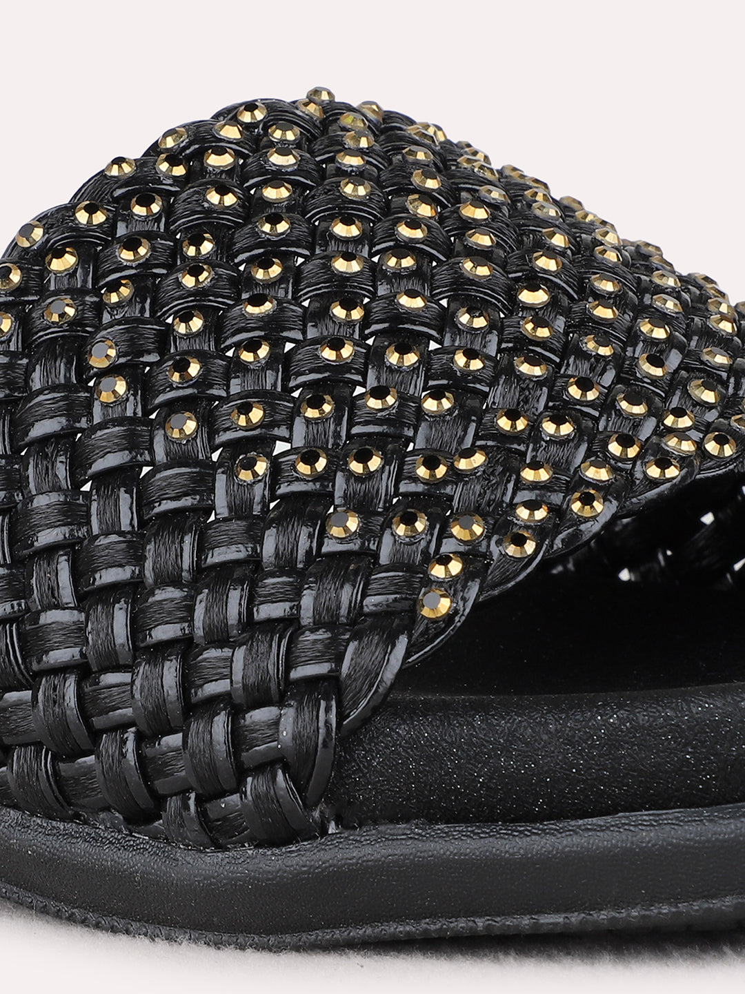 Womens Black Casual Embellished Open Toe Flats