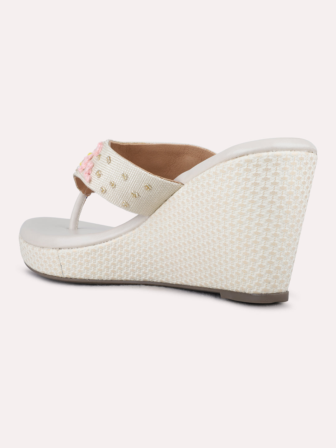 Womens Cream Ethnic Embellished Pattern Round Toe Wedge Heels