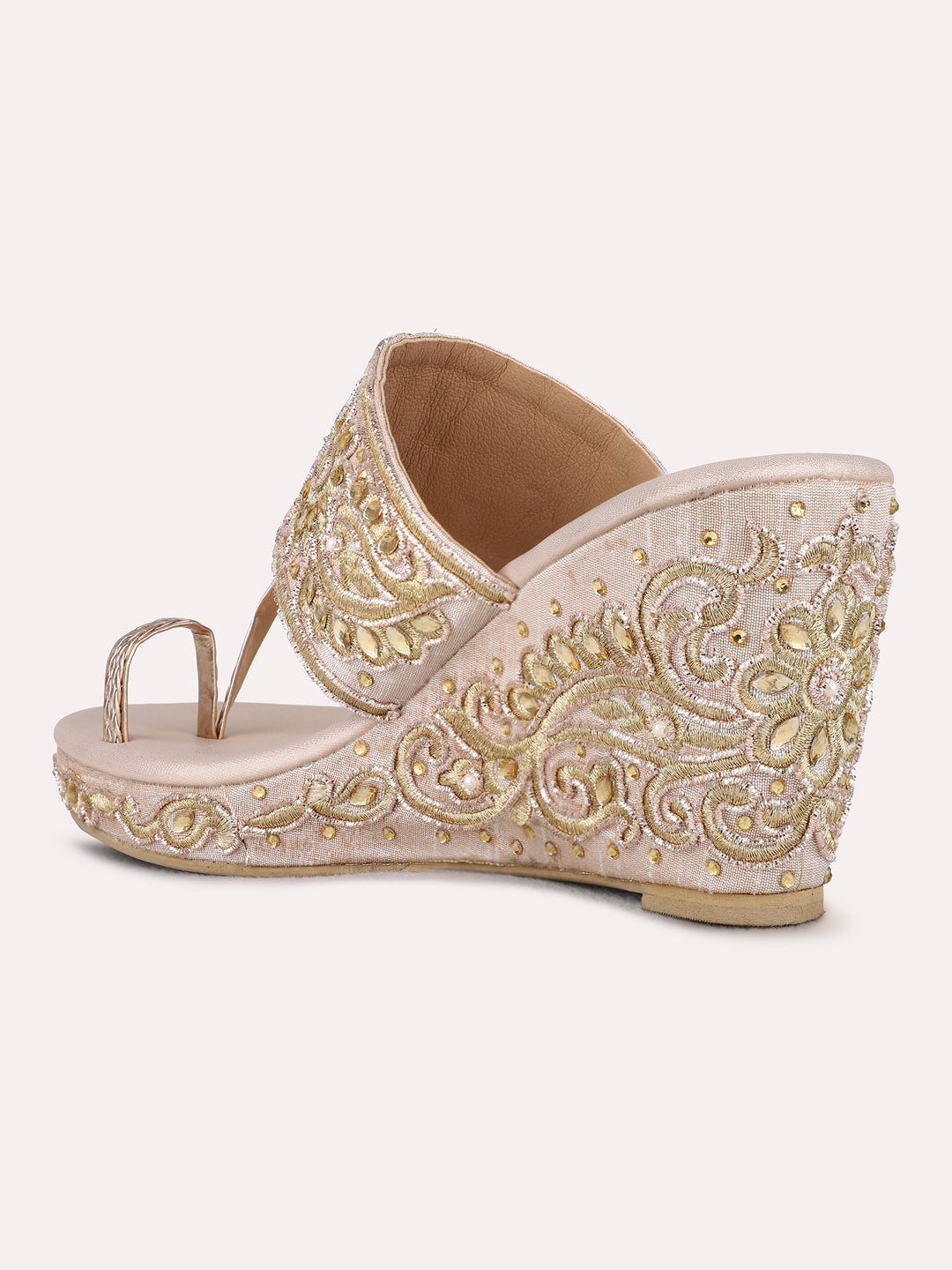 Womens Rose Gold Ethnic Embellished Round Toe Wedge Heels