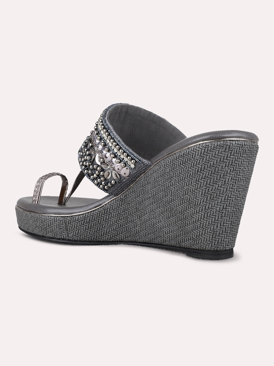 Womens Pewter Ethnic Embellished Round Toe Wedge Heels