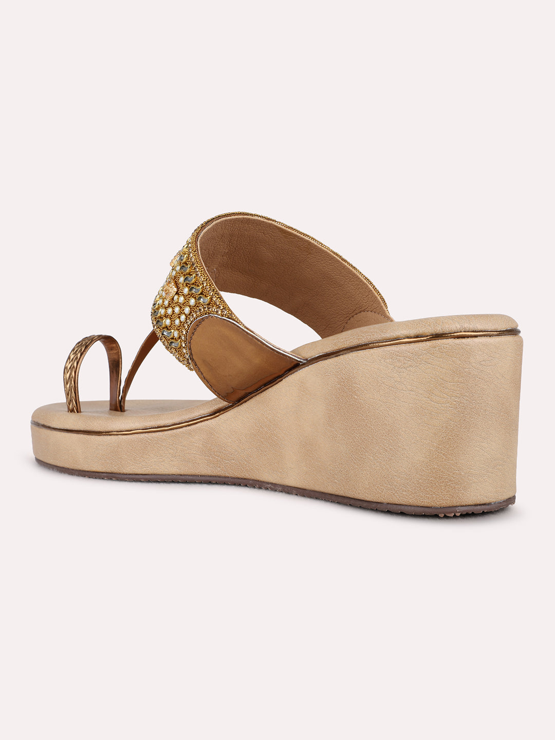 Womens Golden Ethnic Embellished Pattern Round Toe Wedge Heels
