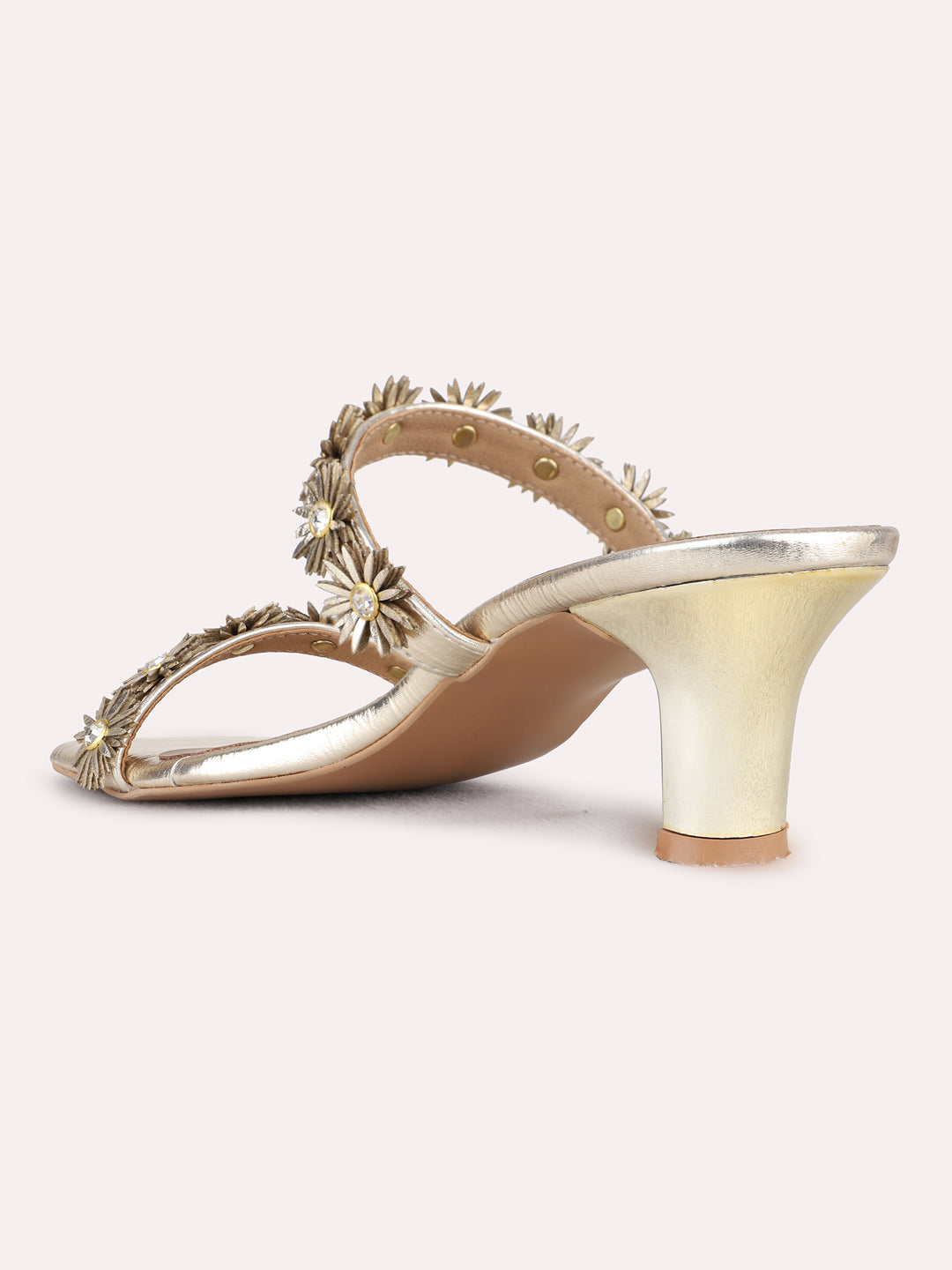 Womens Golden Ethnic Embellished Pattern Round Toe Shape Block heels