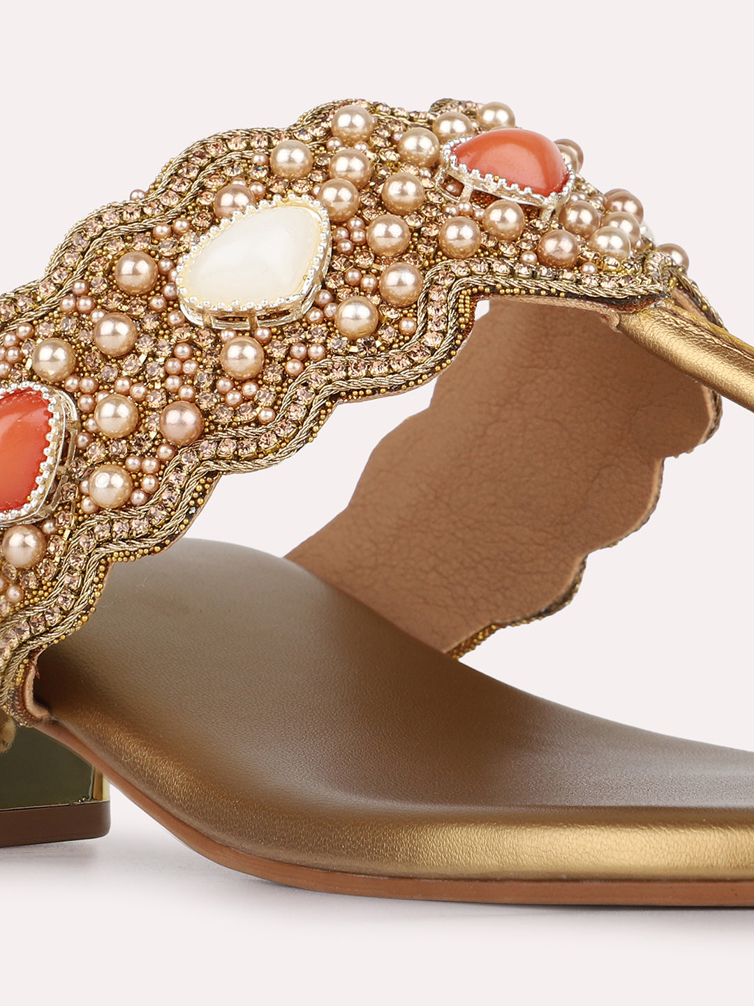 Womens Golden Embellished Pattern Round Toe Ethnic Block Heels