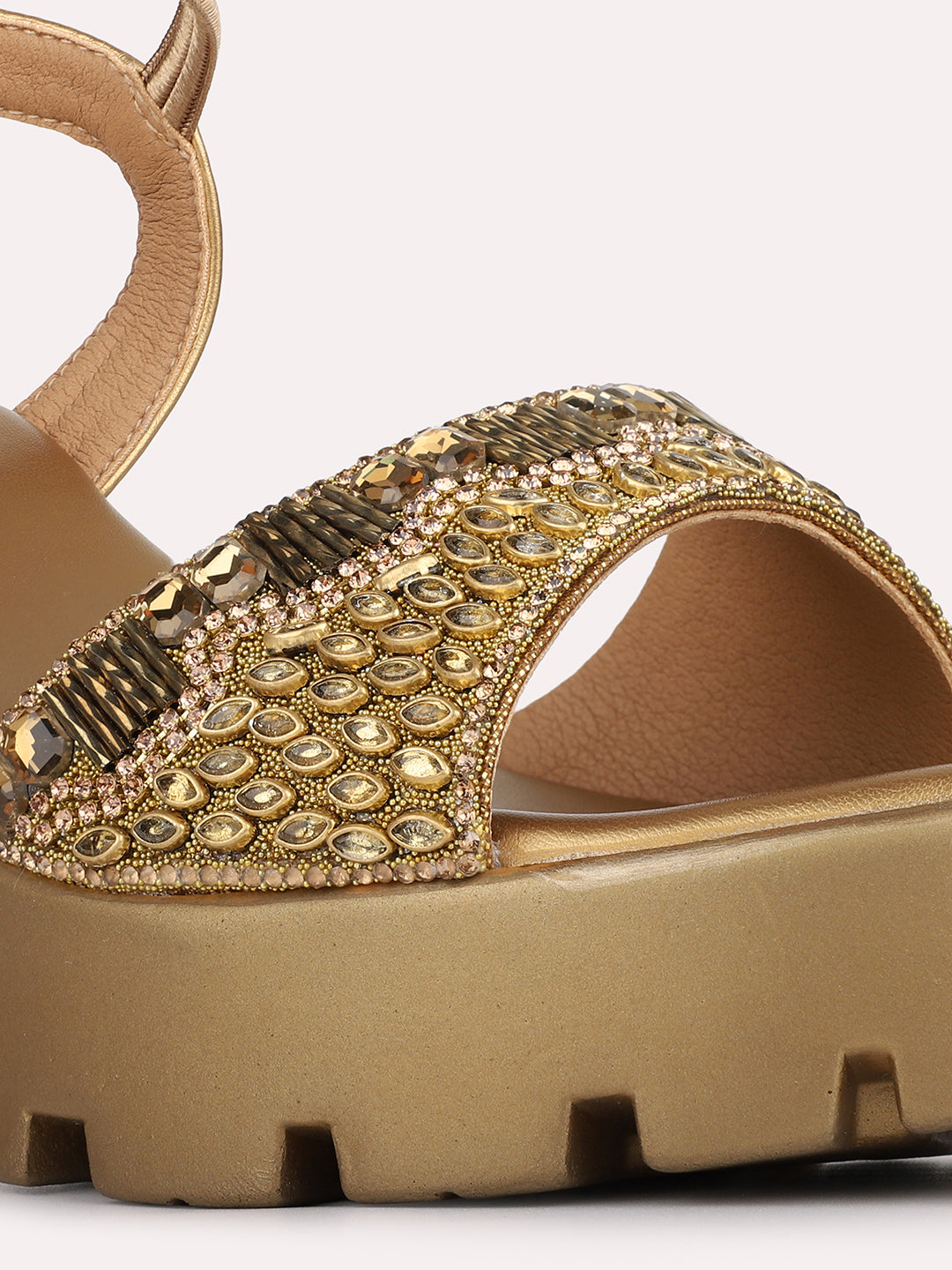 Womens Golden Embellished Pattern Ethnic Round Toe Shape Platform Heels